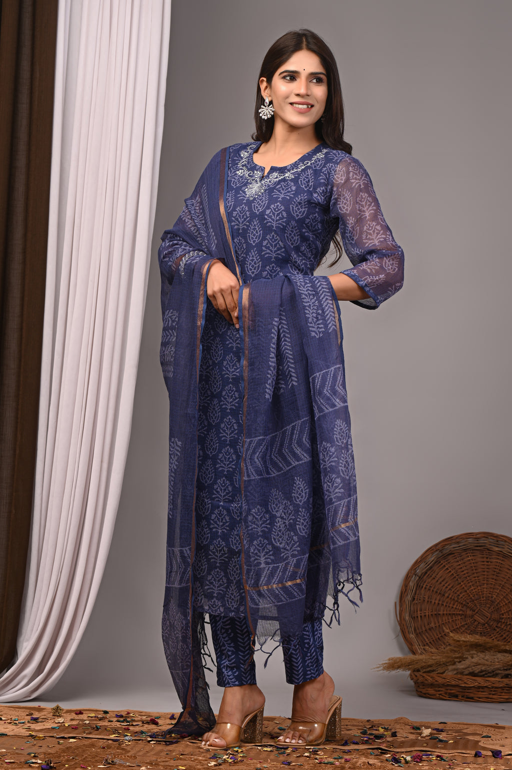 Indigo Blue Handblock Printed Kota Doria Set