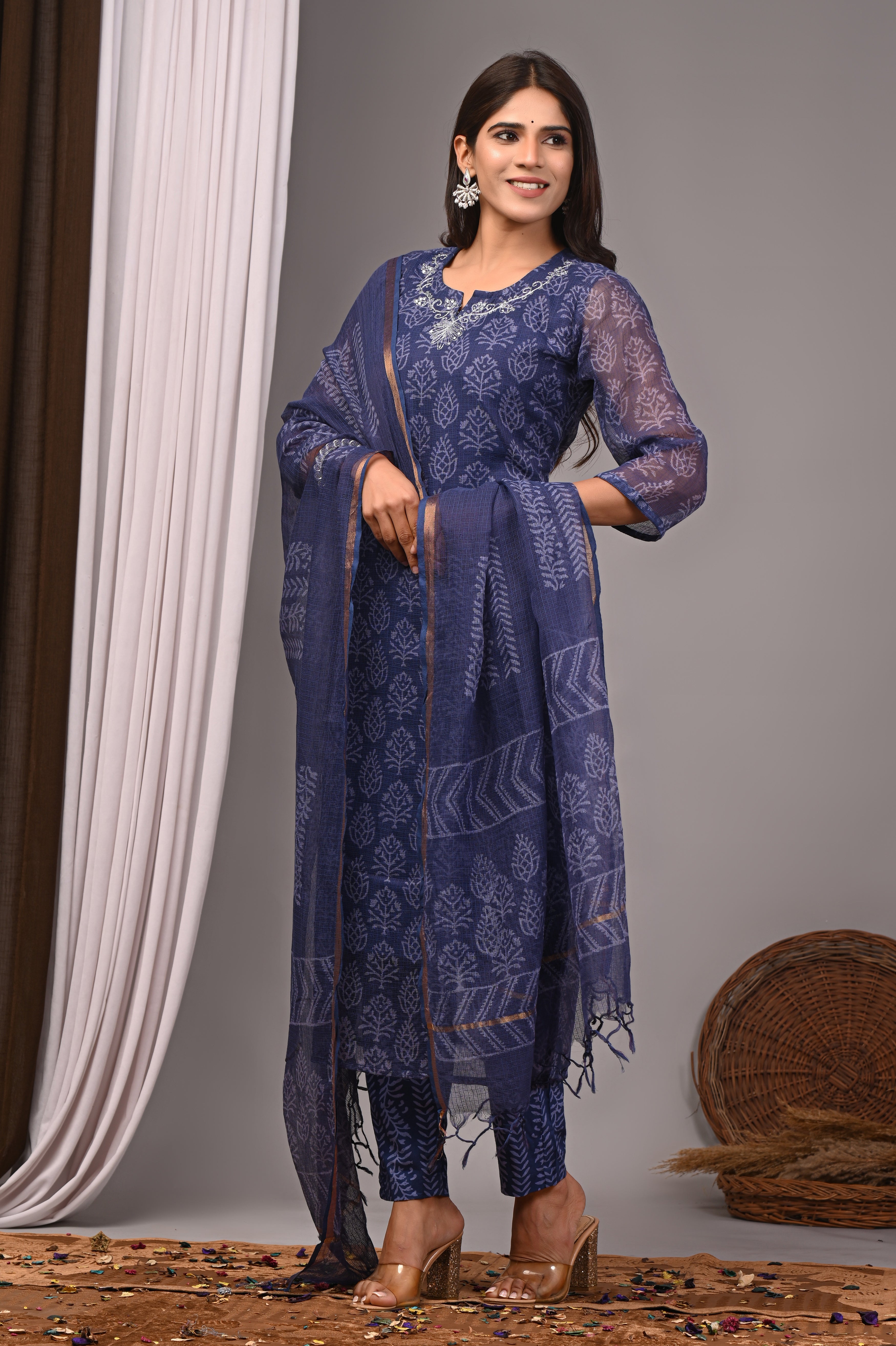 Indigo Blue Handblock Printed Kota Doria Set