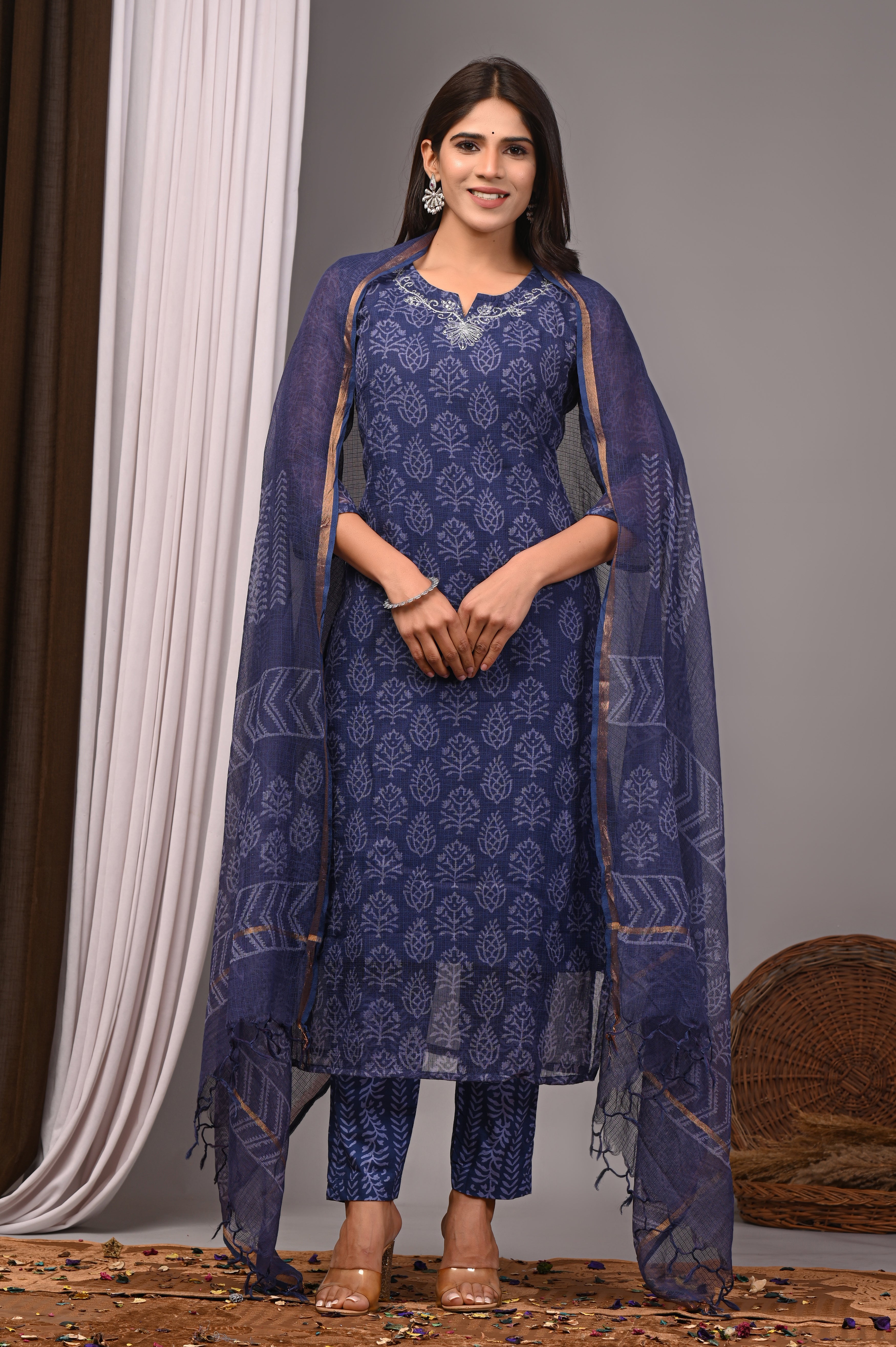 Indigo Blue Handblock Printed Kota Doria Set