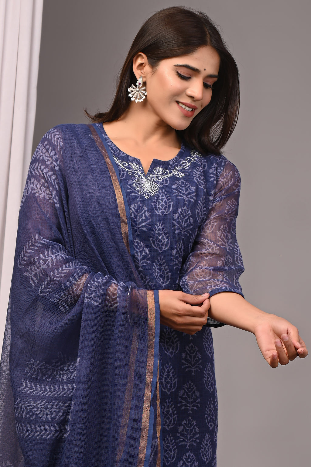 Indigo Blue Handblock Printed Kota Doria Set