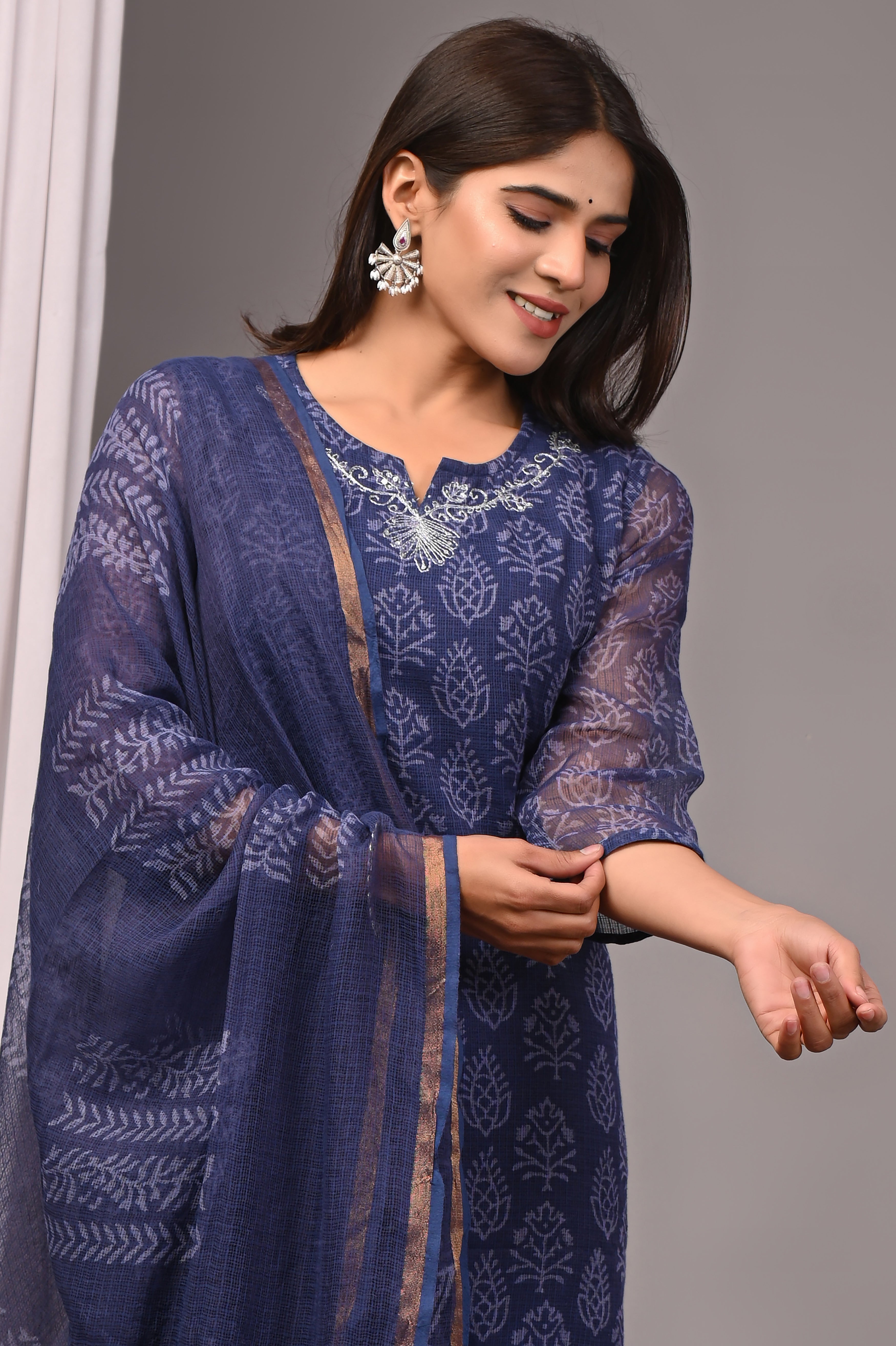 Indigo Blue Handblock Printed Kota Doria Set
