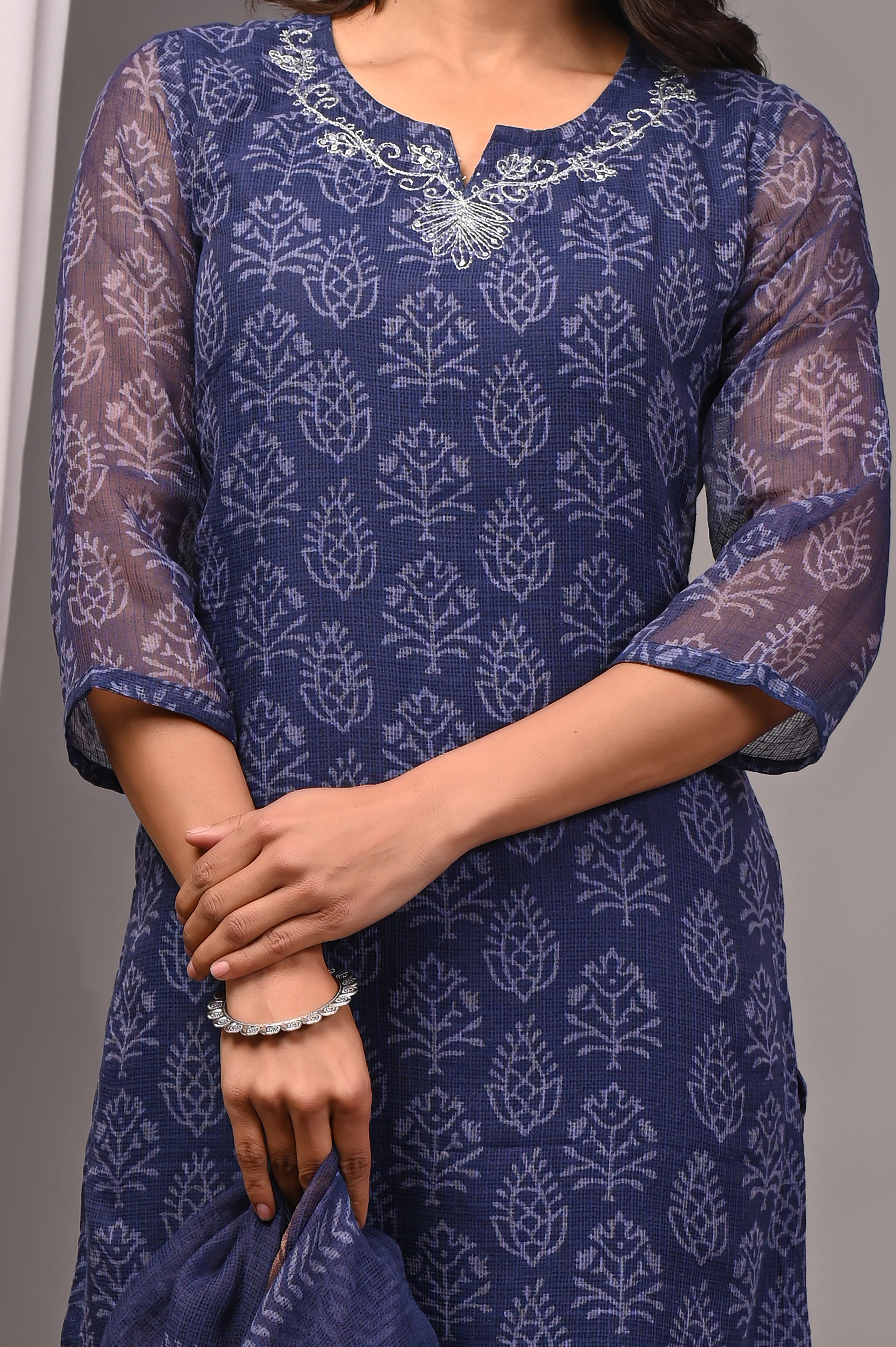 Indigo Blue Handblock Printed Kota Doria Set