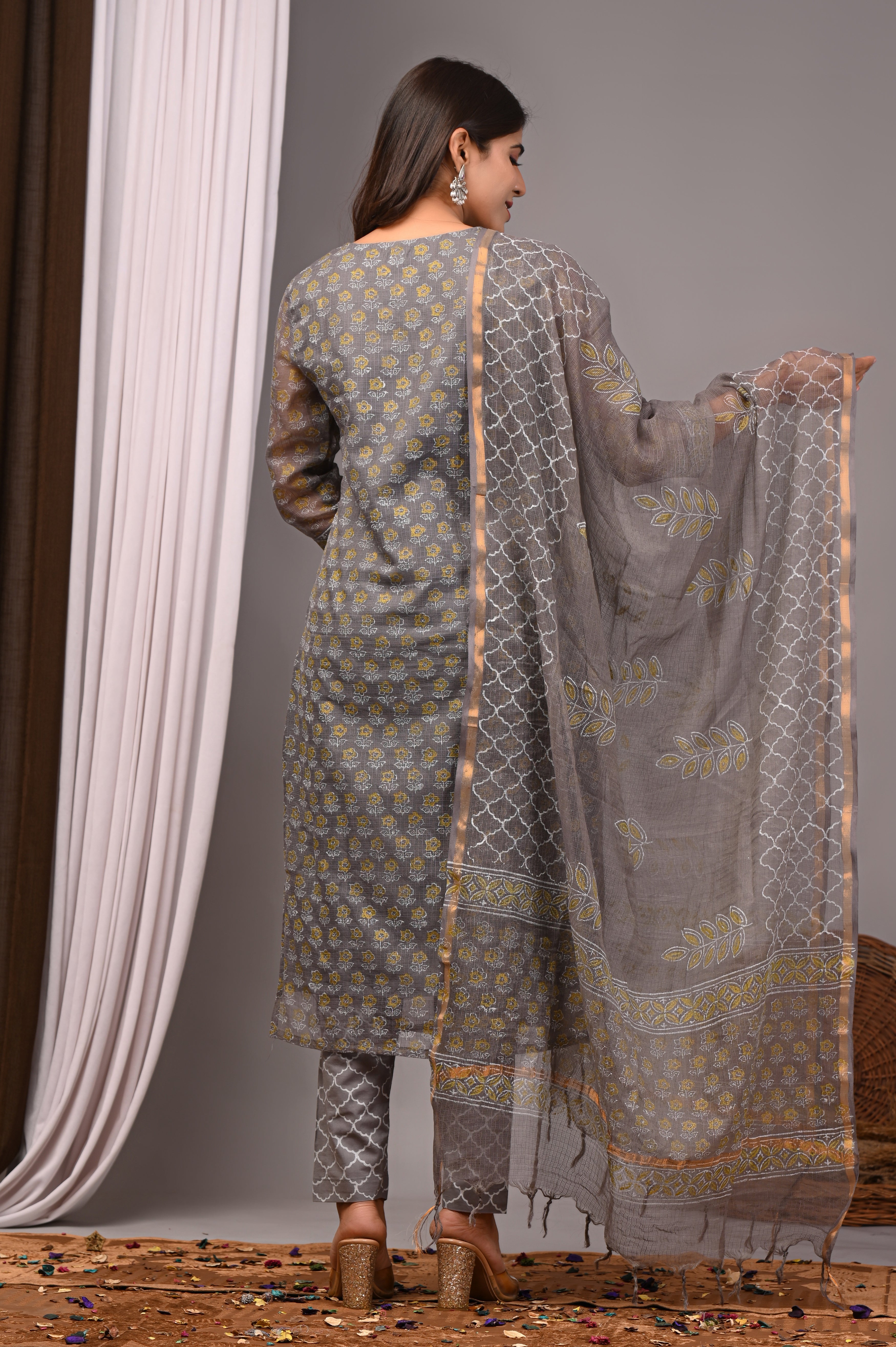 Grey & Gold Handblock Kota Doria Set with Sequin Work