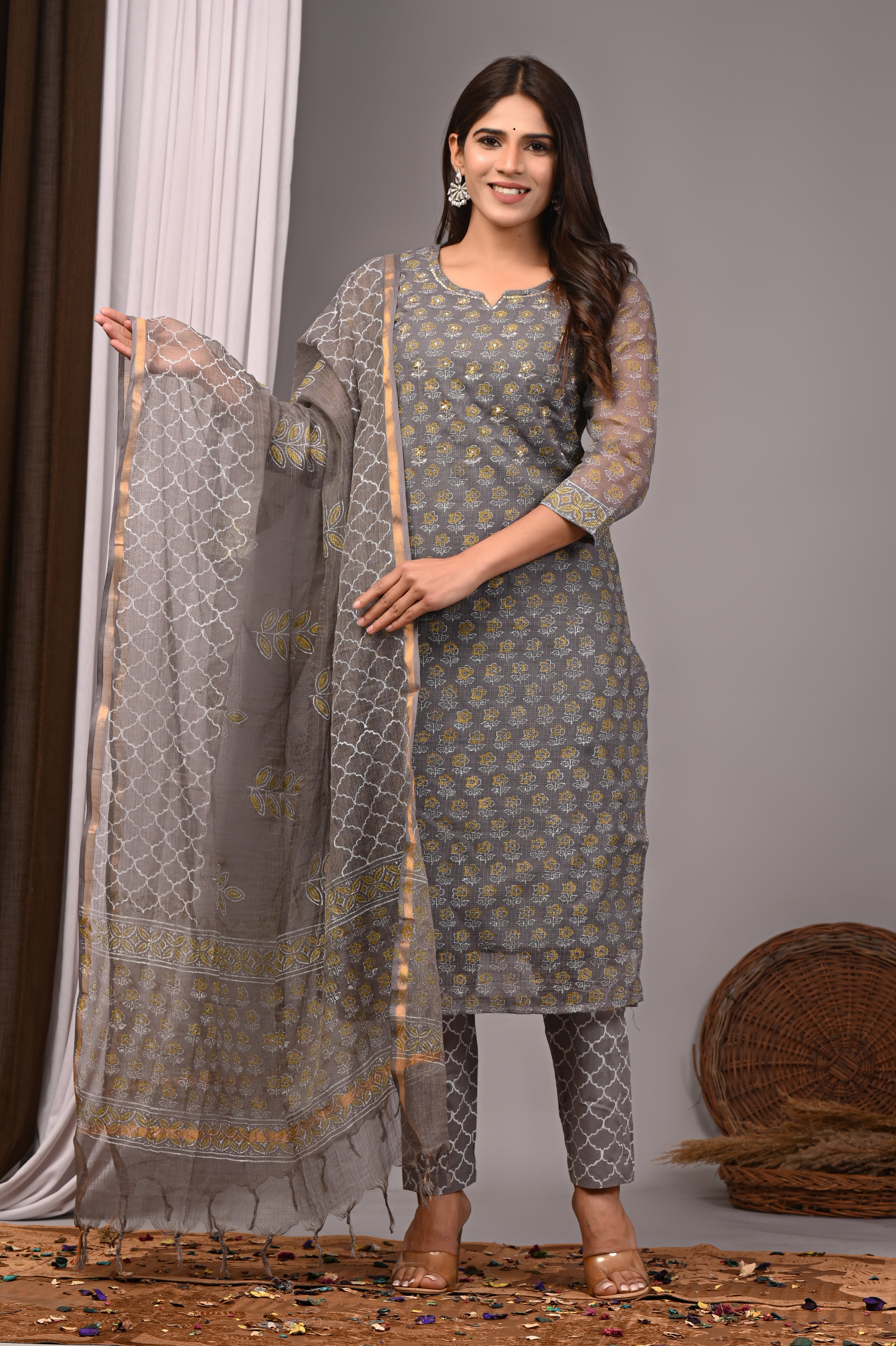 Grey & Gold Handblock Kota Doria Set with Sequin Work