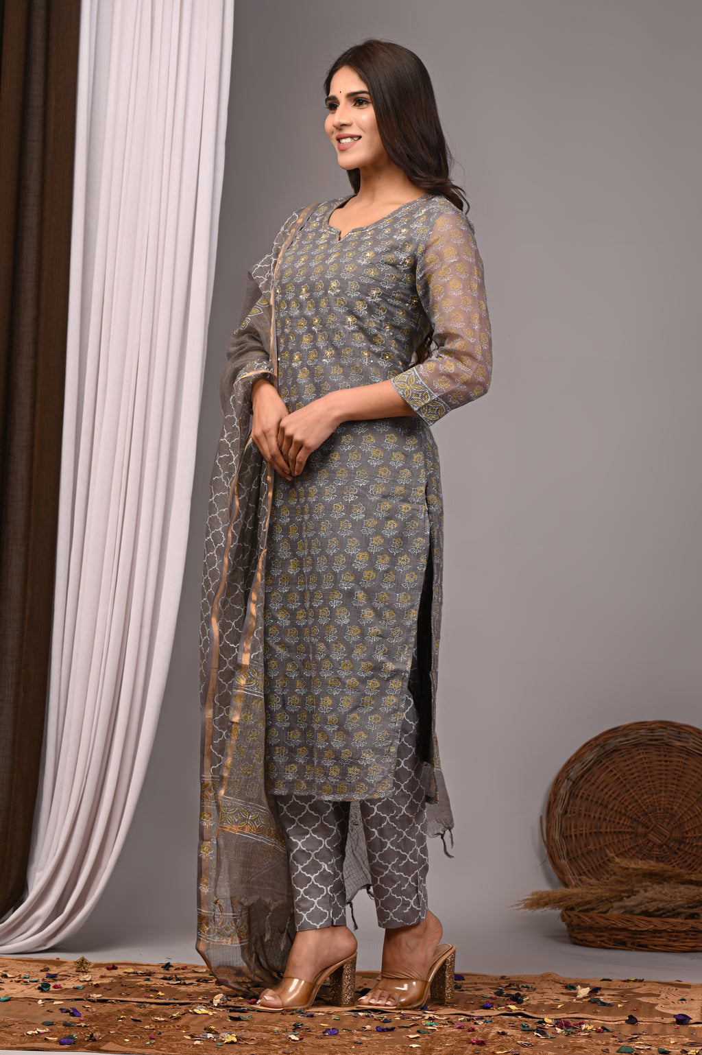 Grey & Gold Handblock Kota Doria Set with Sequin Work