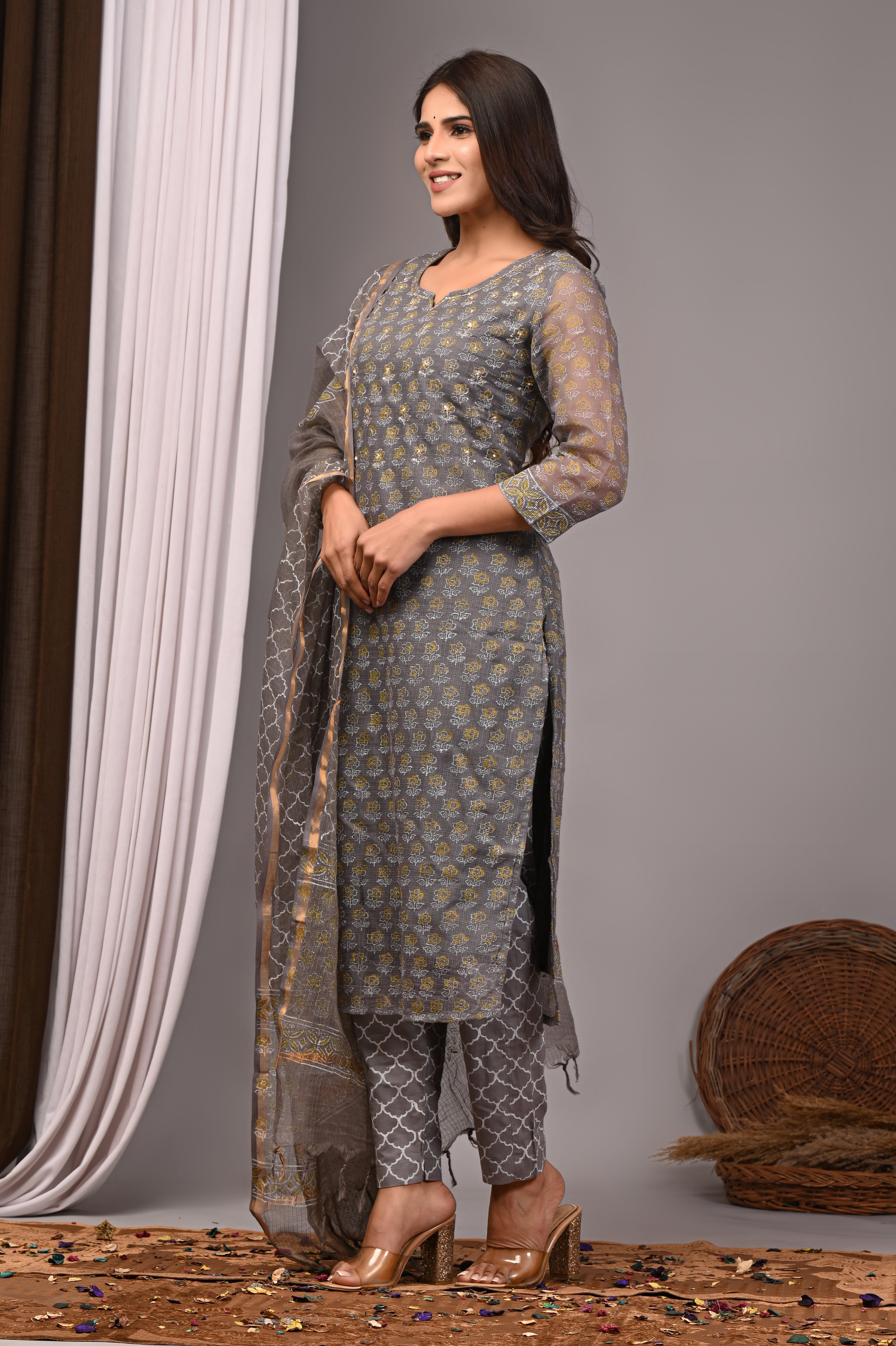 Grey & Gold Handblock Kota Doria Set with Sequin Work