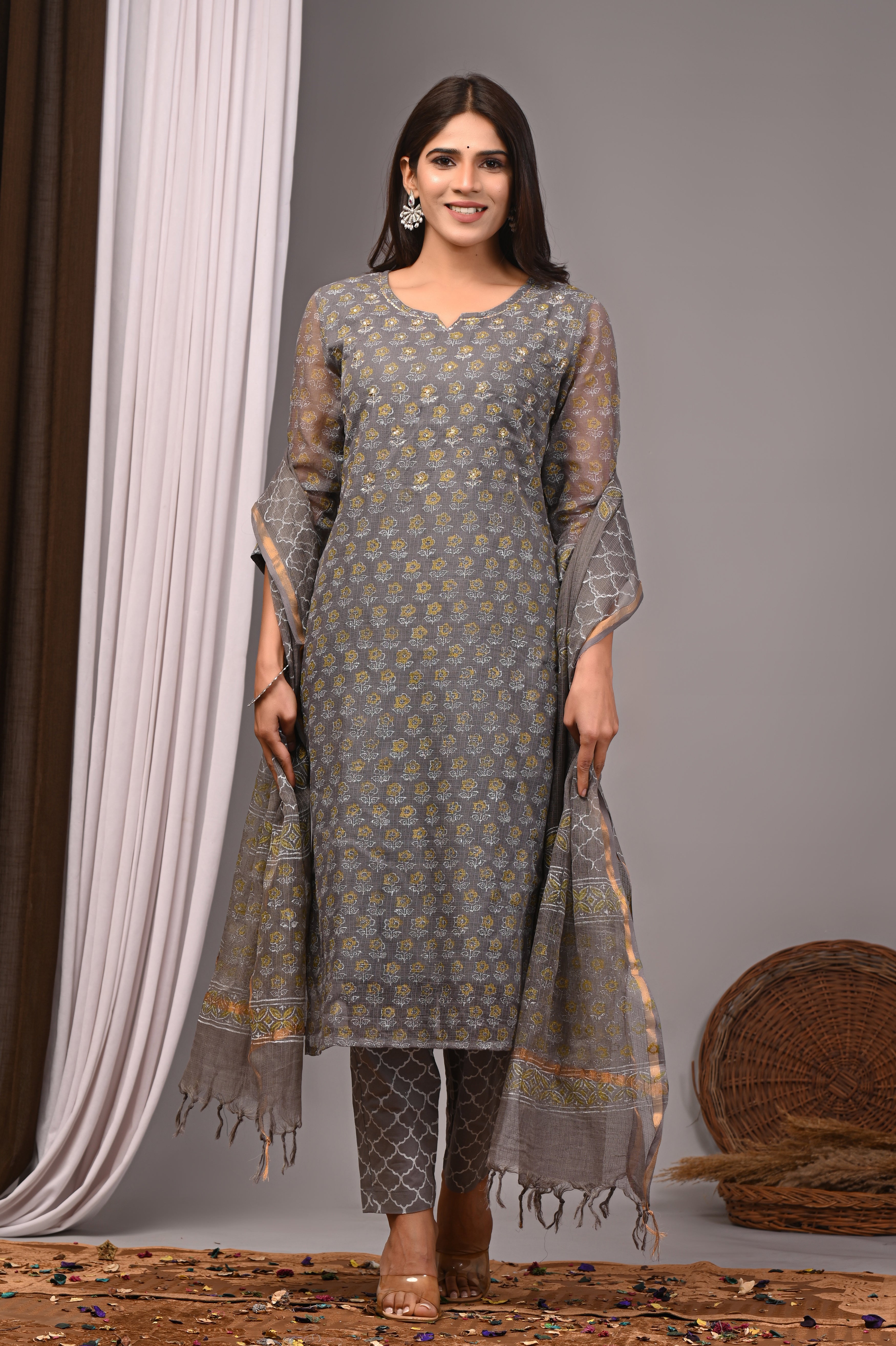 Grey & Gold Handblock Kota Doria Set with Sequin Work
