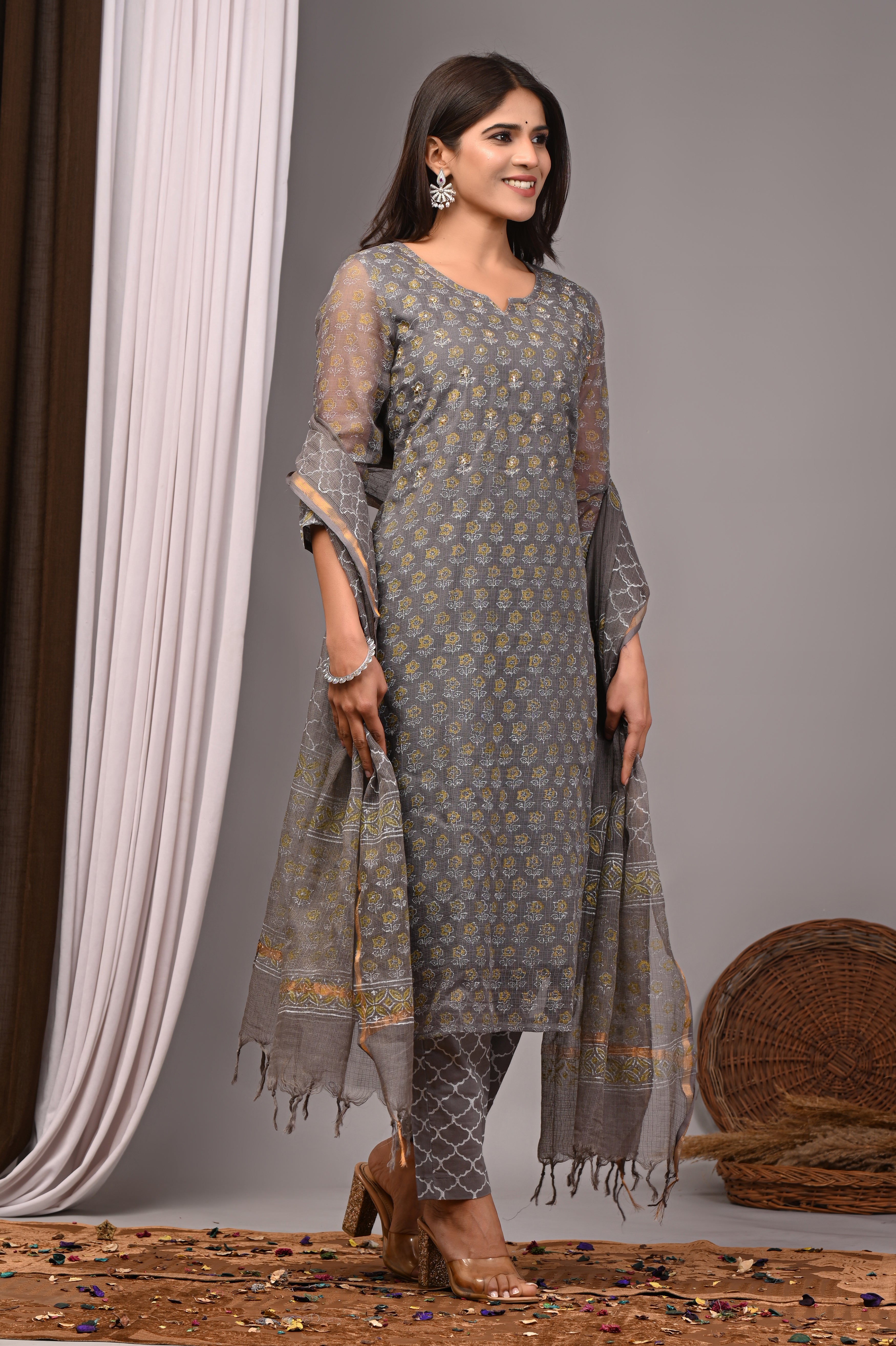 Grey & Gold Handblock Kota Doria Set with Sequin Work