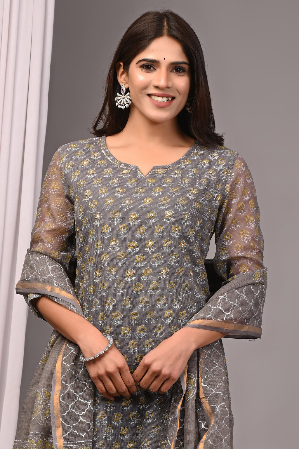 Grey & Gold Handblock Kota Doria Set with Sequin Work