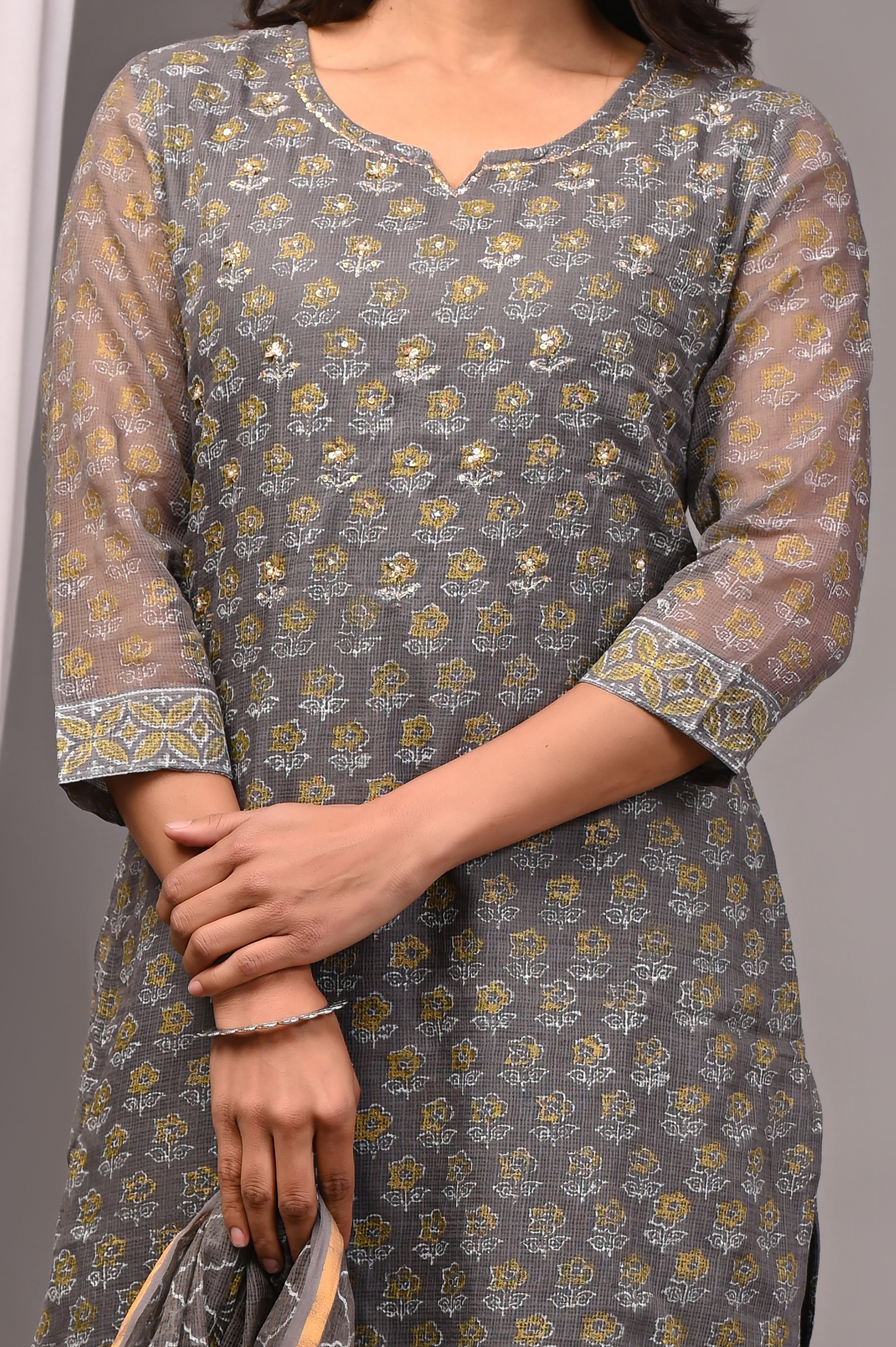 Grey & Gold Handblock Kota Doria Set with Sequin Work