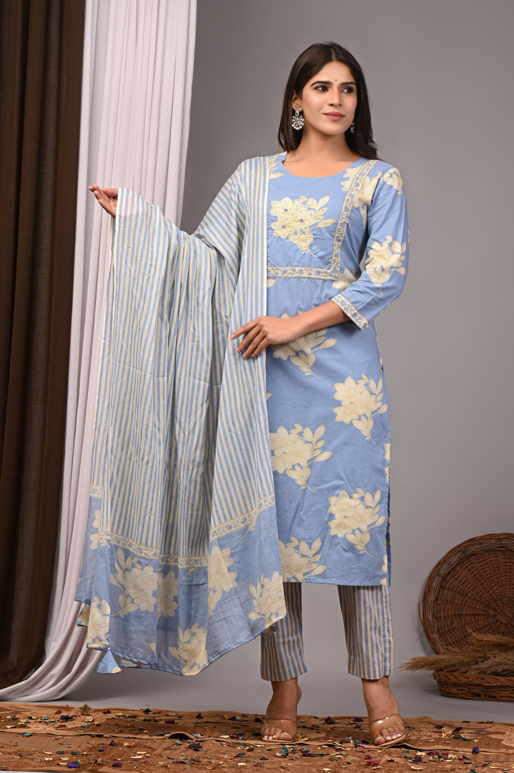 Cerulean Haze Blue Sanganeri Cotton Straight Set with Tubelight Work