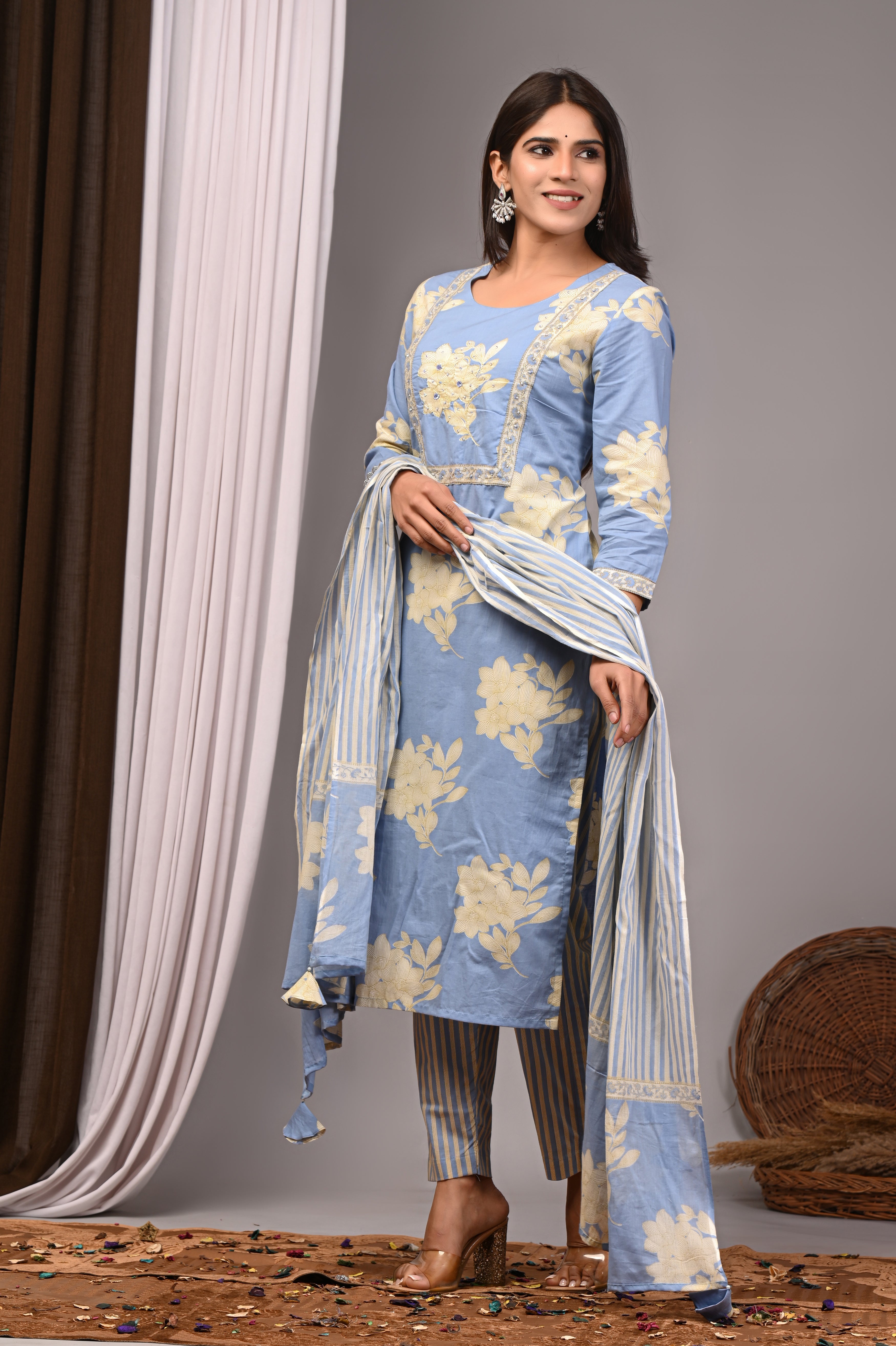Cerulean Haze Blue Sanganeri Cotton Straight Set with Tubelight Work