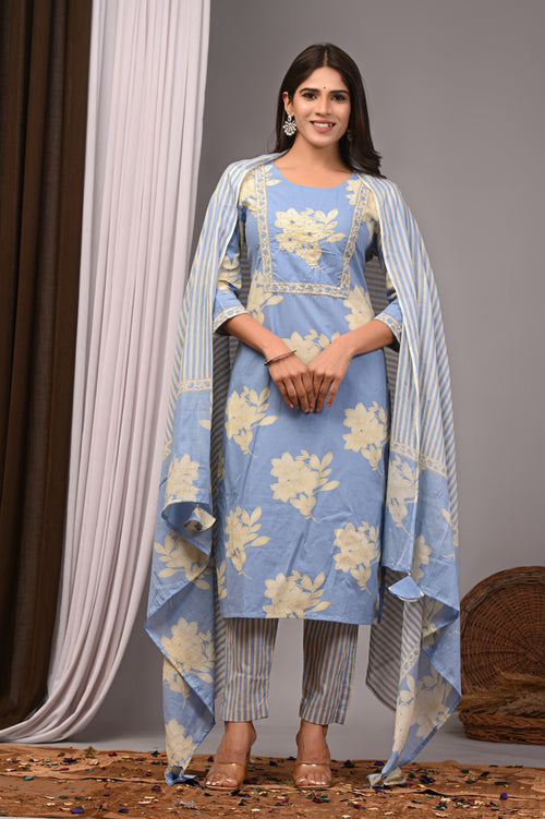 Cerulean Haze Blue Sanganeri Cotton Straight Set with Tubelight Work