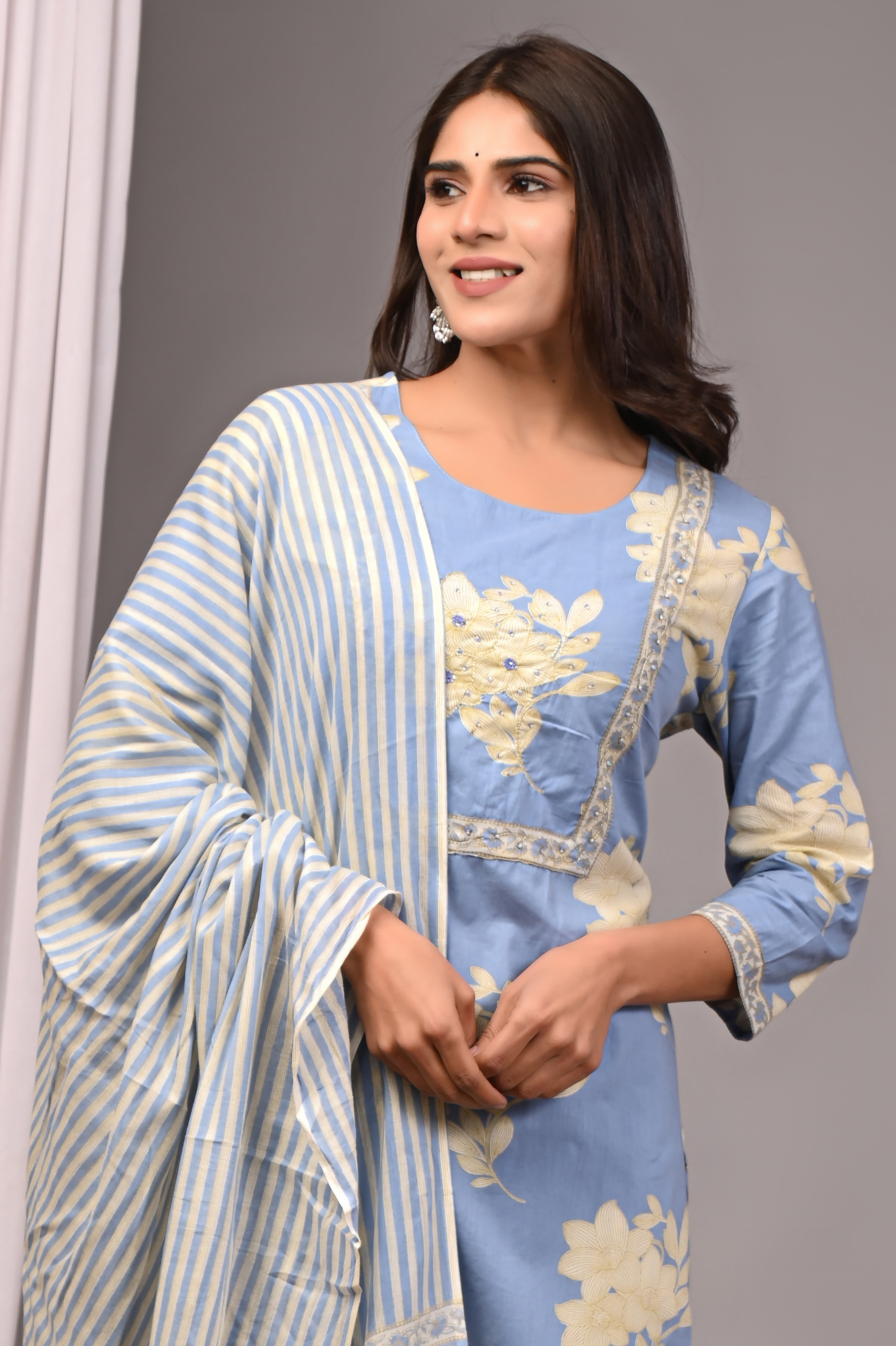 Cerulean Haze Blue Sanganeri Cotton Straight Set with Tubelight Work