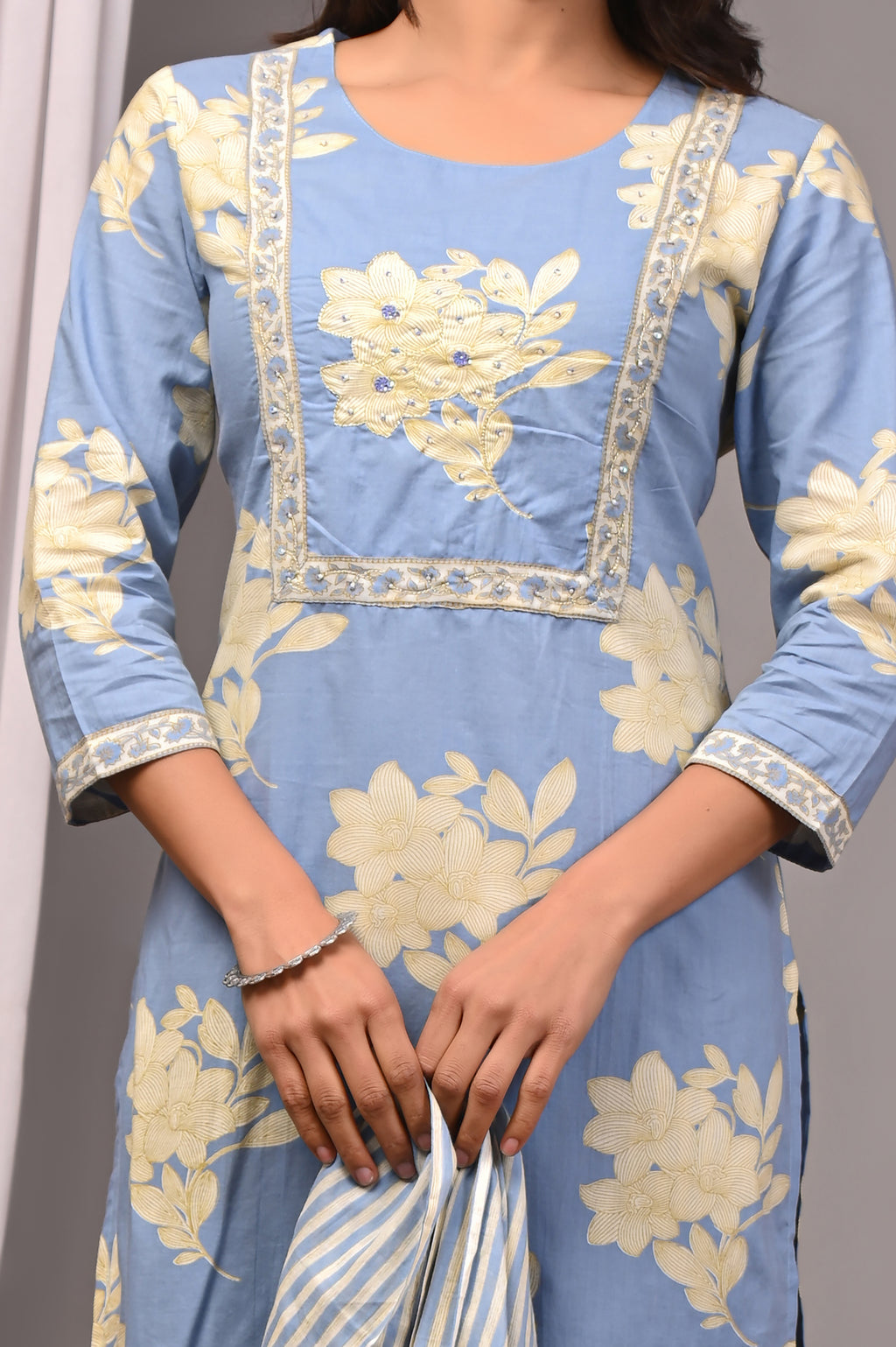 Cerulean Haze Blue Sanganeri Cotton Straight Set with Tubelight Work
