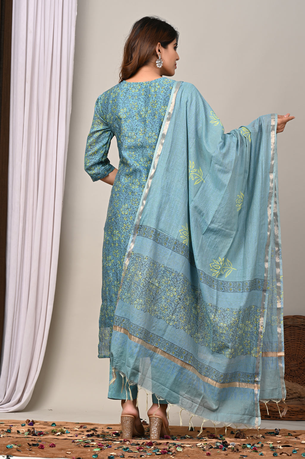 Teal Mint Vine Handblock Chanderi Silk Suit Set