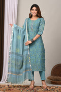 Teal Mint Vine Handblock Chanderi Silk Suit Set
