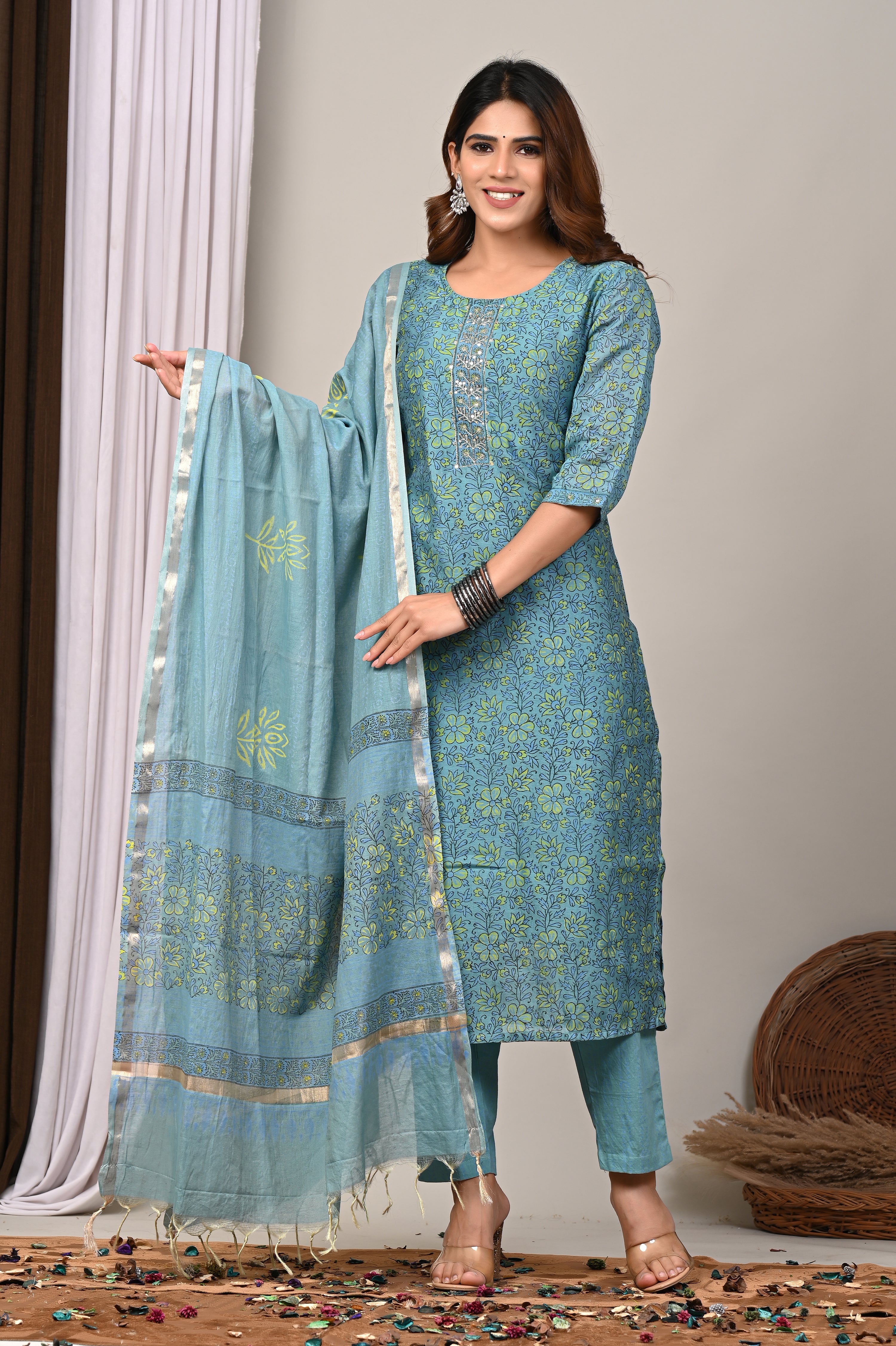 Teal Mint Vine Handblock Chanderi Silk Suit Set