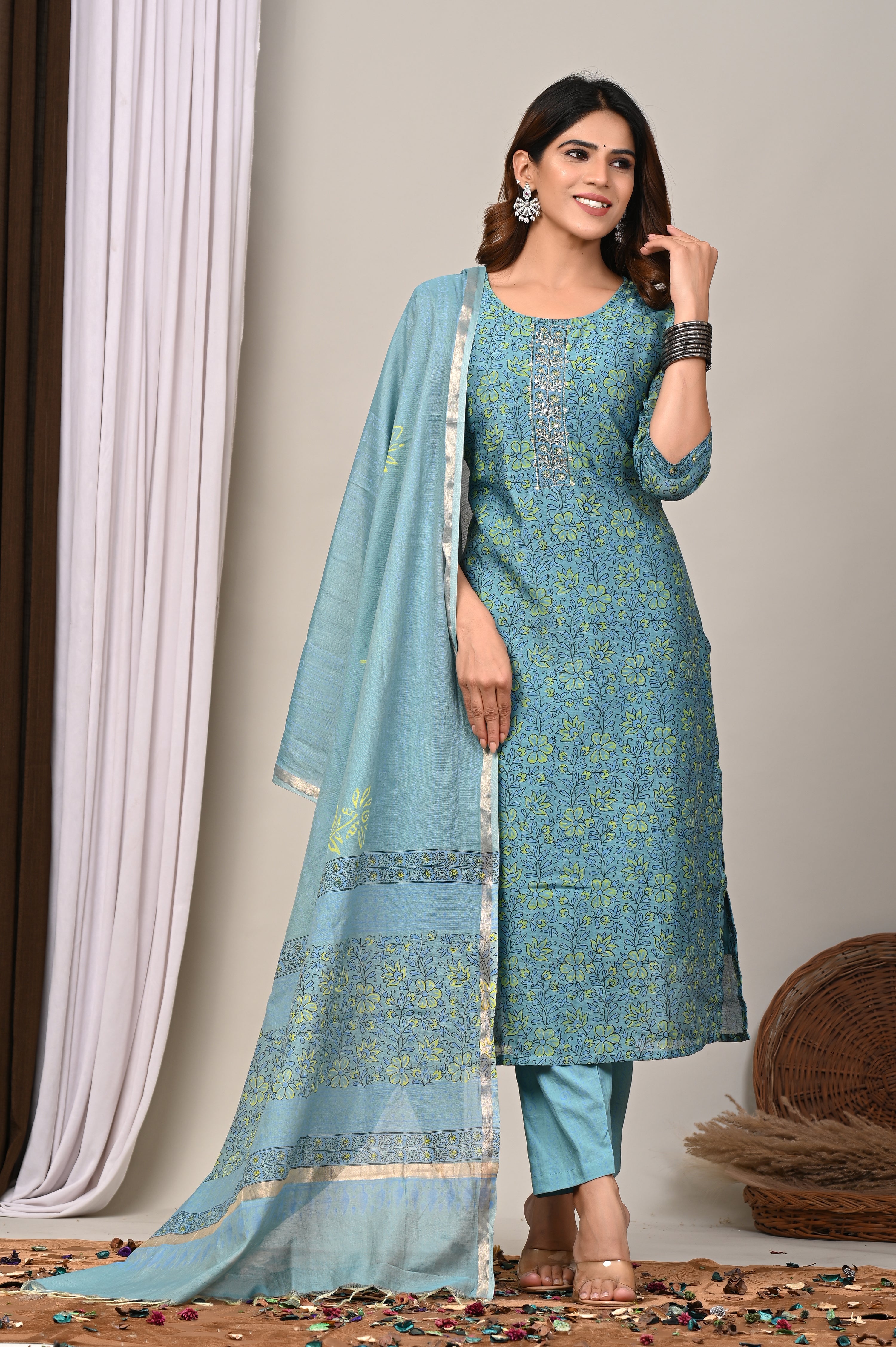 Teal Mint Vine Handblock Chanderi Silk Suit Set