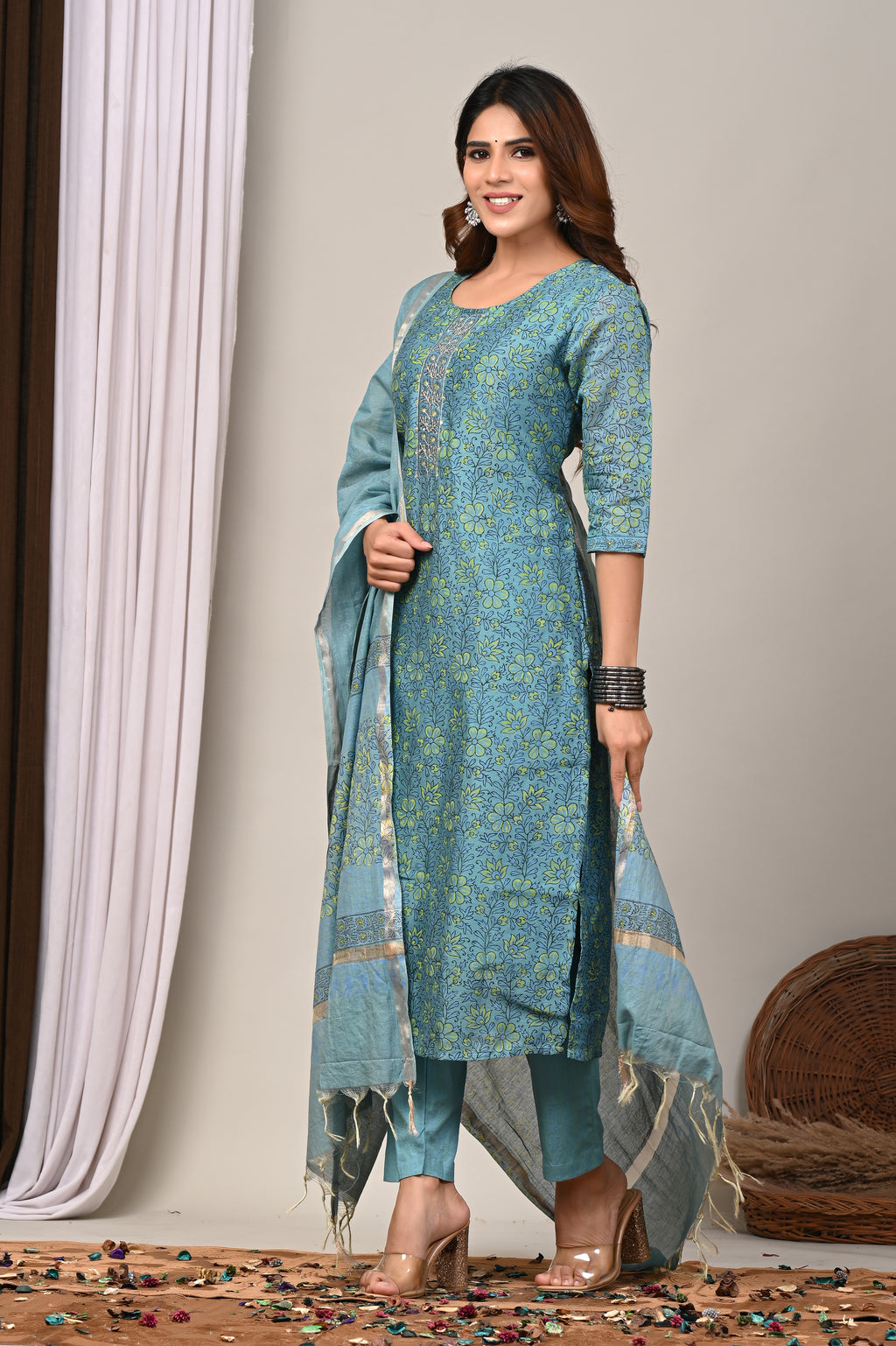Teal Mint Vine Handblock Chanderi Silk Suit Set