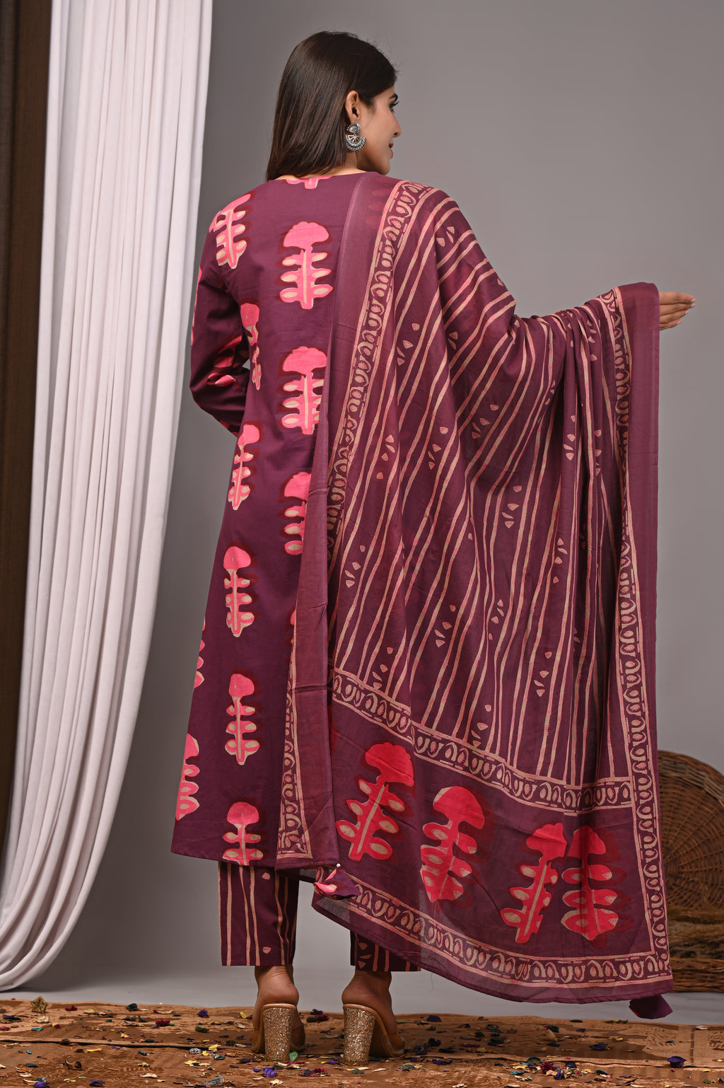 Berry Maroon Bagru Cotton Pleated Set with French Knot Work