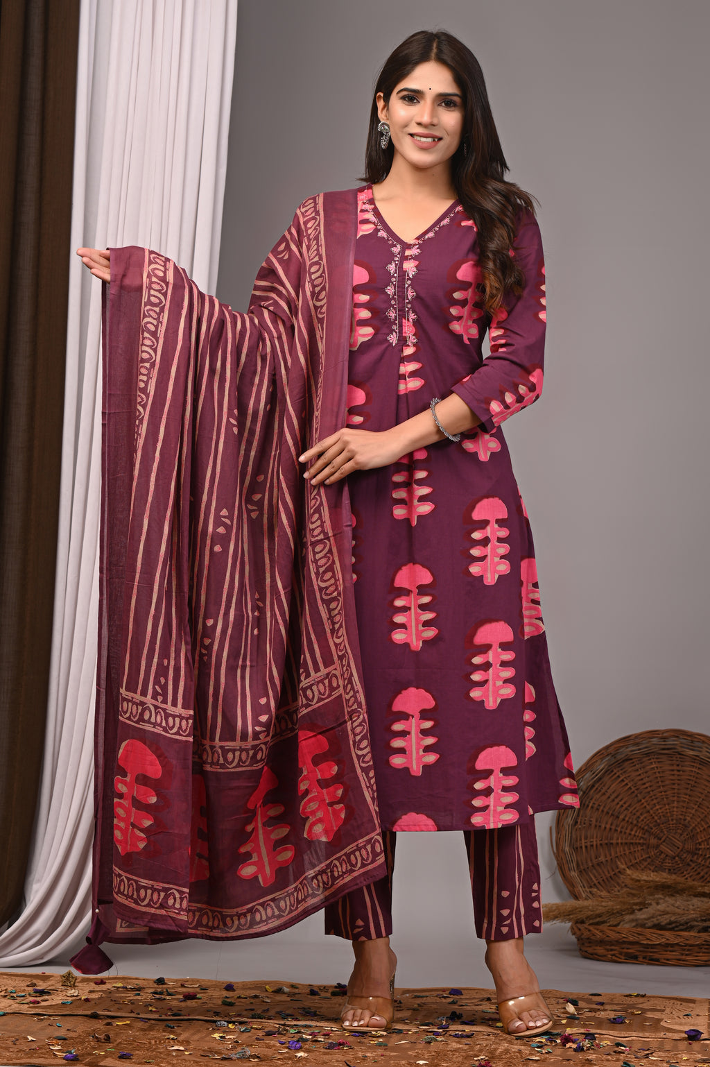 Berry Maroon Bagru Cotton Pleated Set with French Knot Work