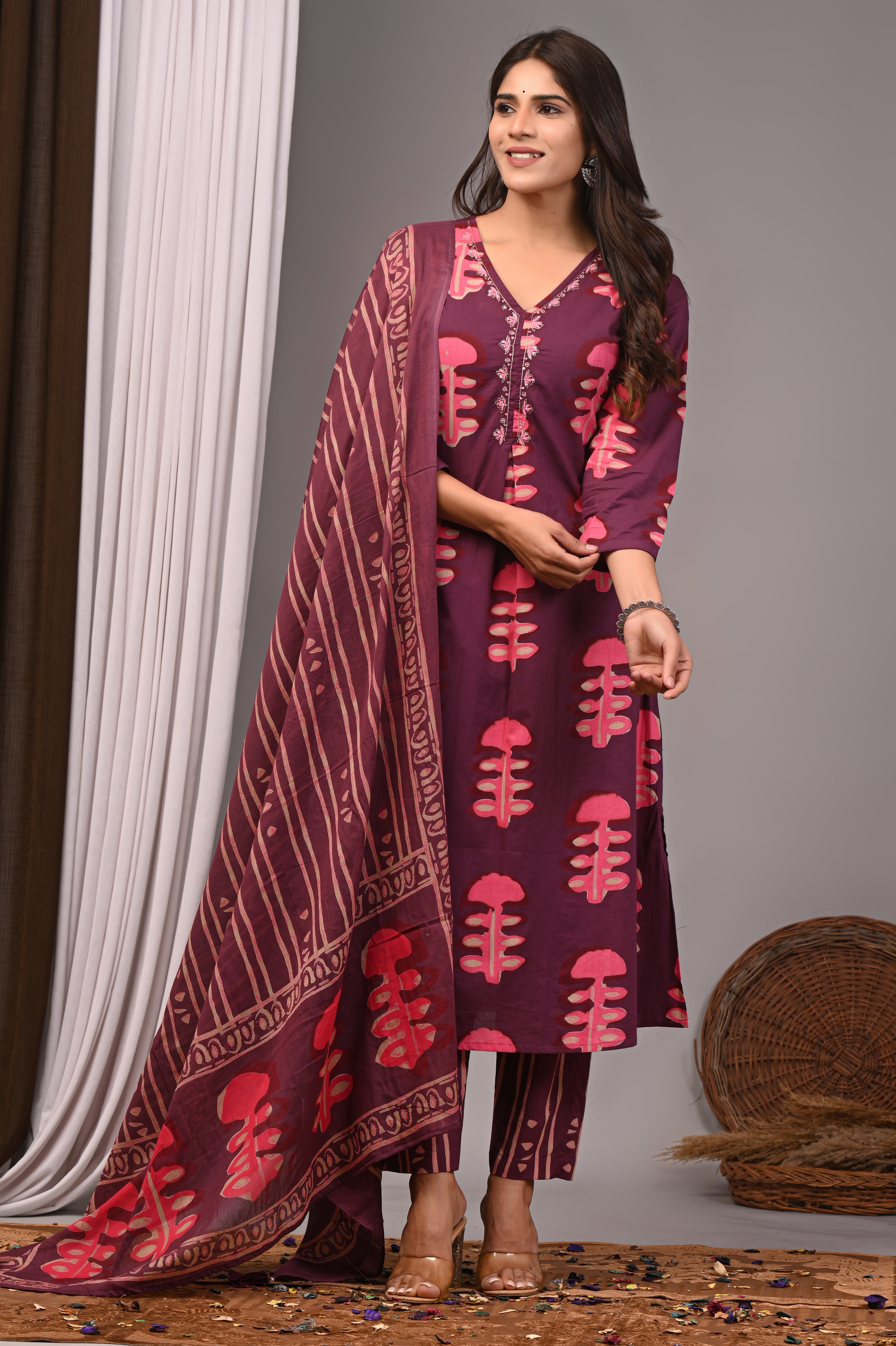 Berry Maroon Bagru Cotton Pleated Set with French Knot Work