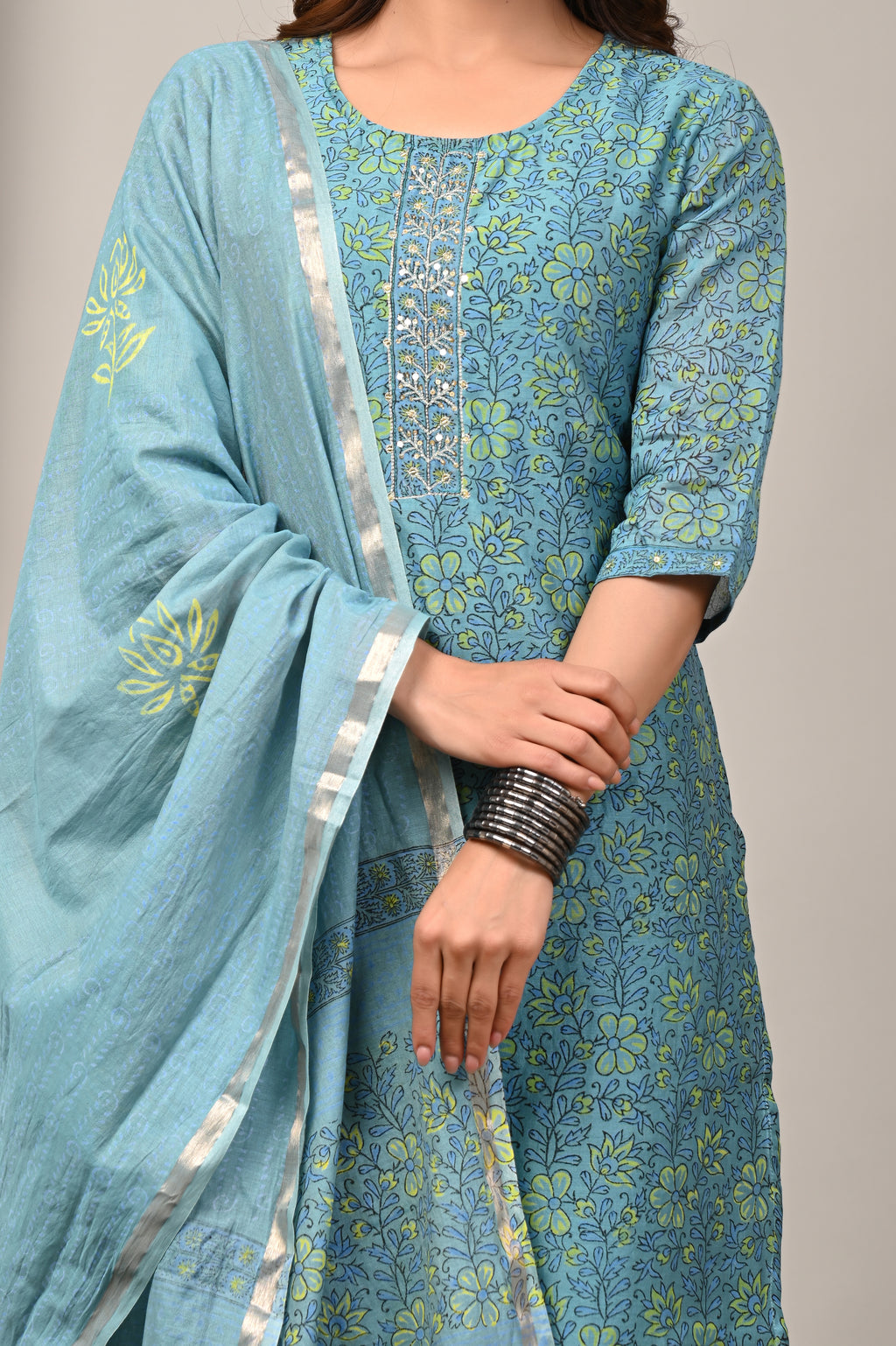 Teal Mint Vine Handblock Chanderi Silk Suit Set
