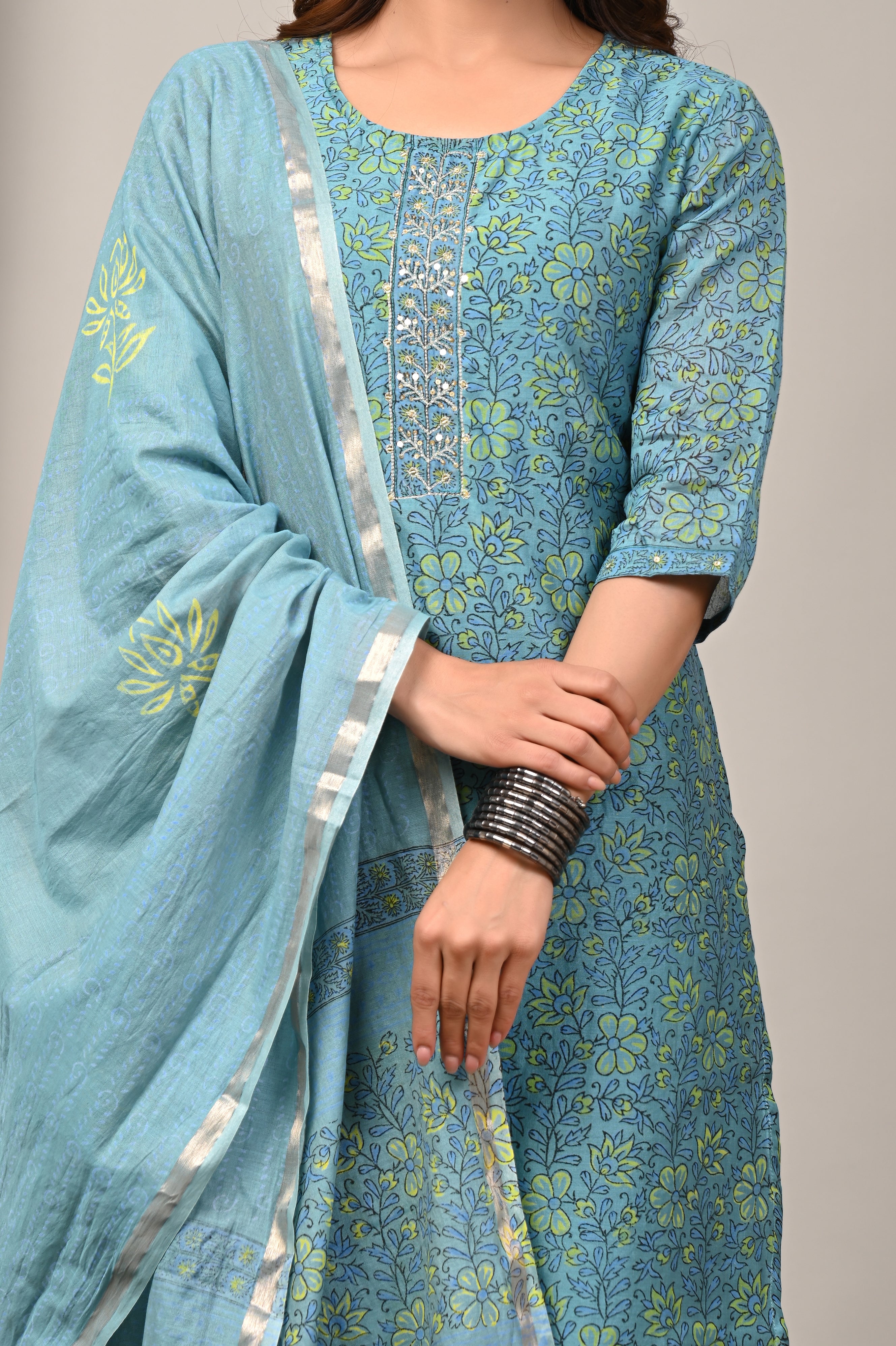 Teal Mint Vine Handblock Chanderi Silk Suit Set