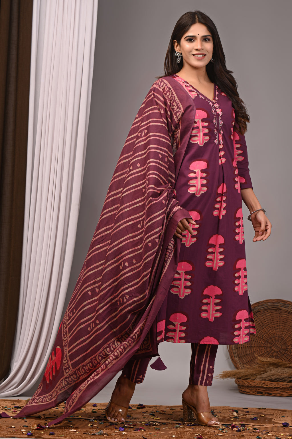 Berry Maroon Bagru Cotton Pleated Set with French Knot Work