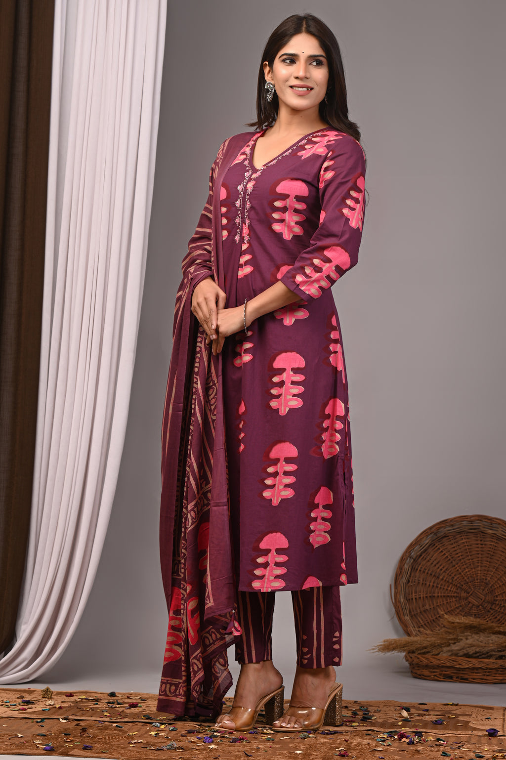 Berry Maroon Bagru Cotton Pleated Set with French Knot Work