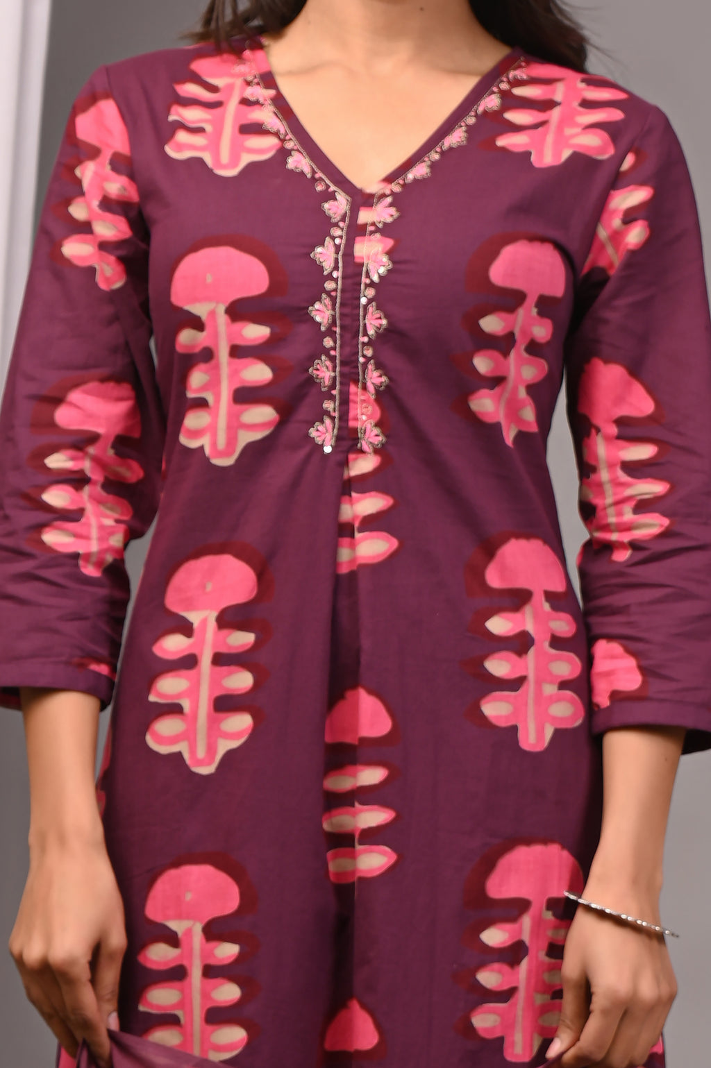 Berry Maroon Bagru Cotton Pleated Set with French Knot Work