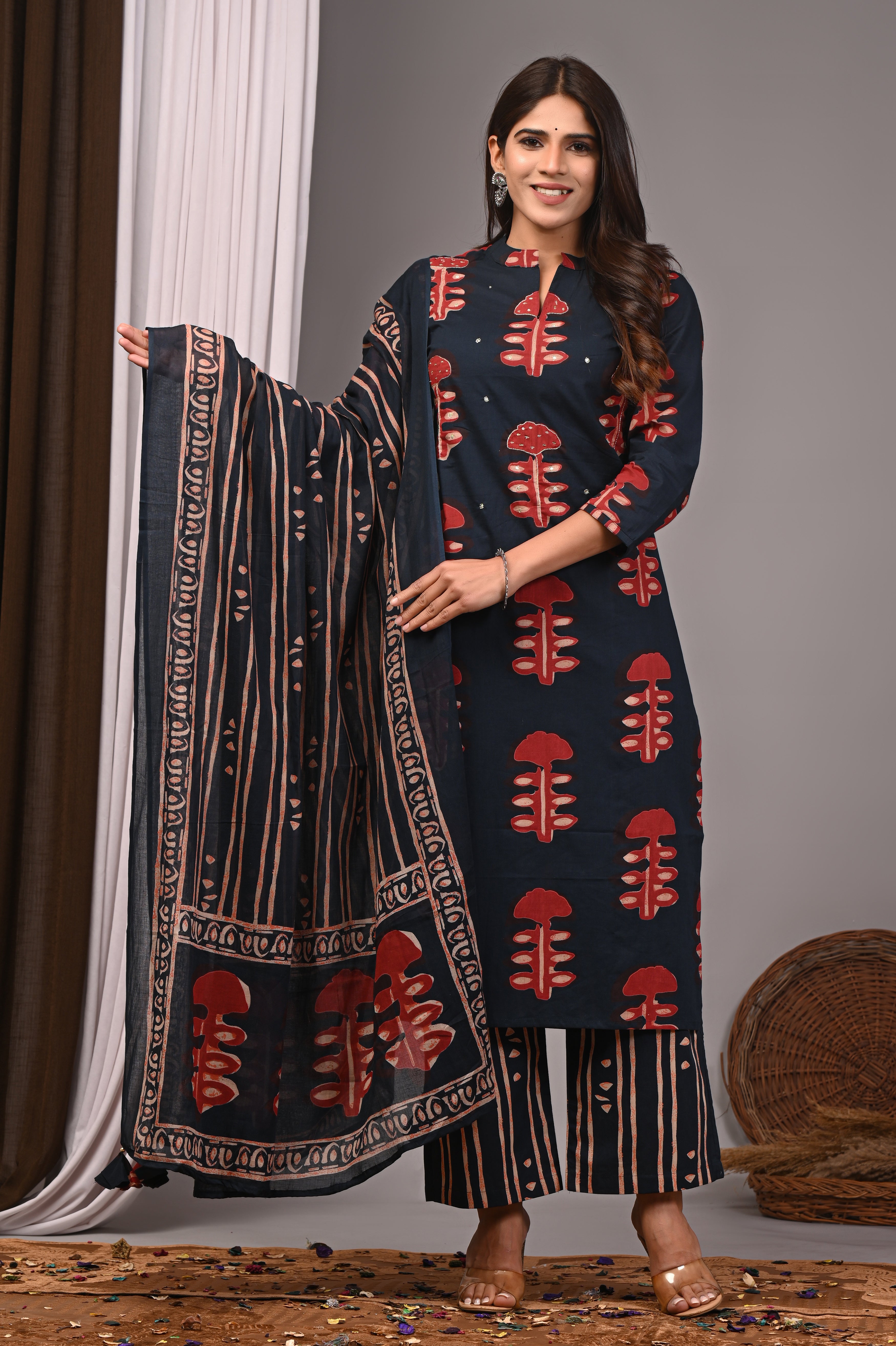 Anchor Blue Bagru Handblock Kurta Palazzo Set