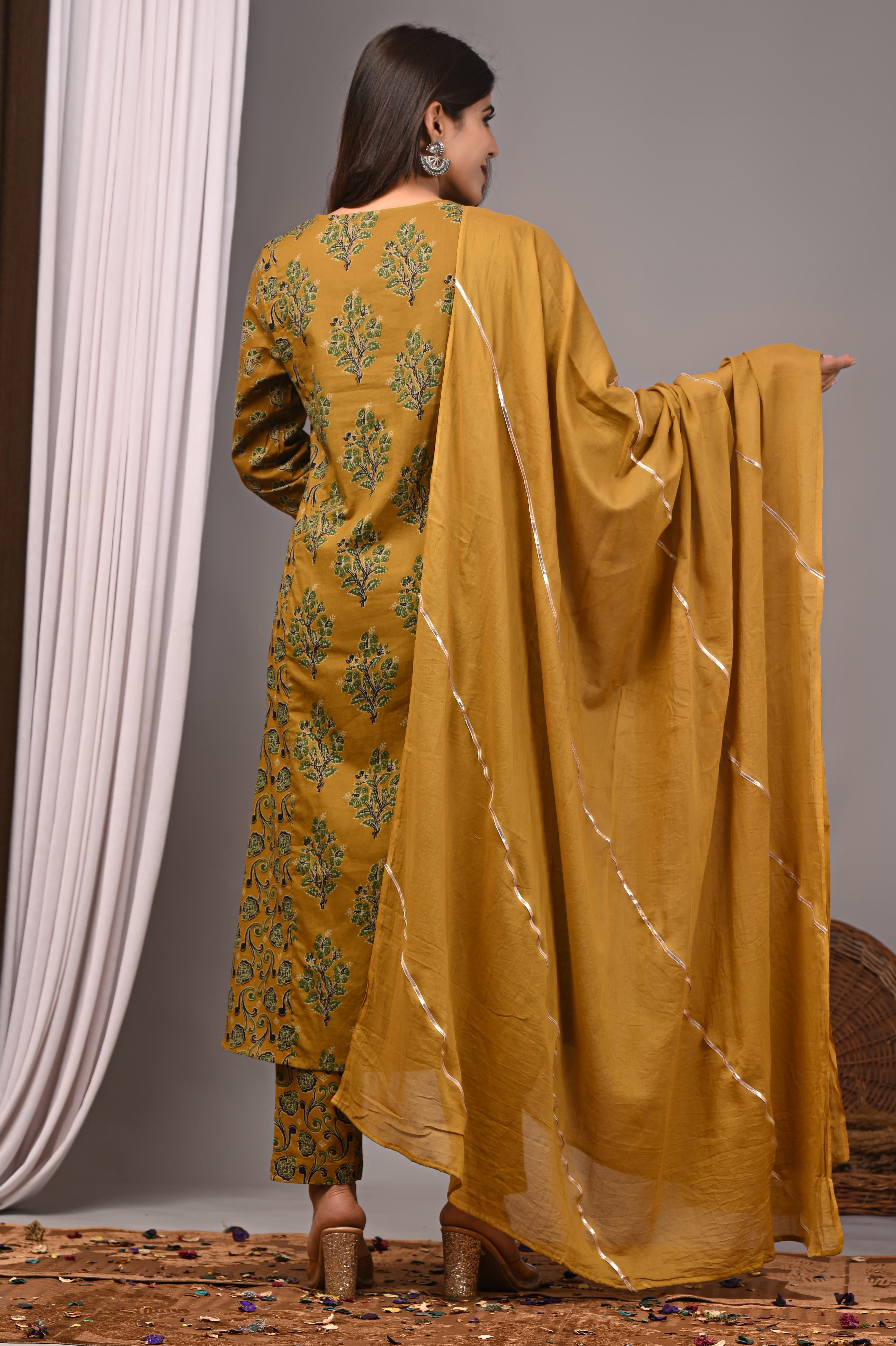 Spiced Turmeric Sanganeri Cotton Straight Kurta Pant Set