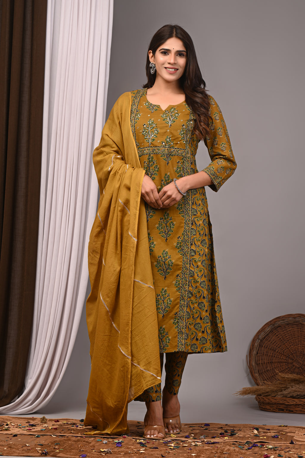 Spiced Turmeric Sanganeri Cotton Straight Kurta Pant Set