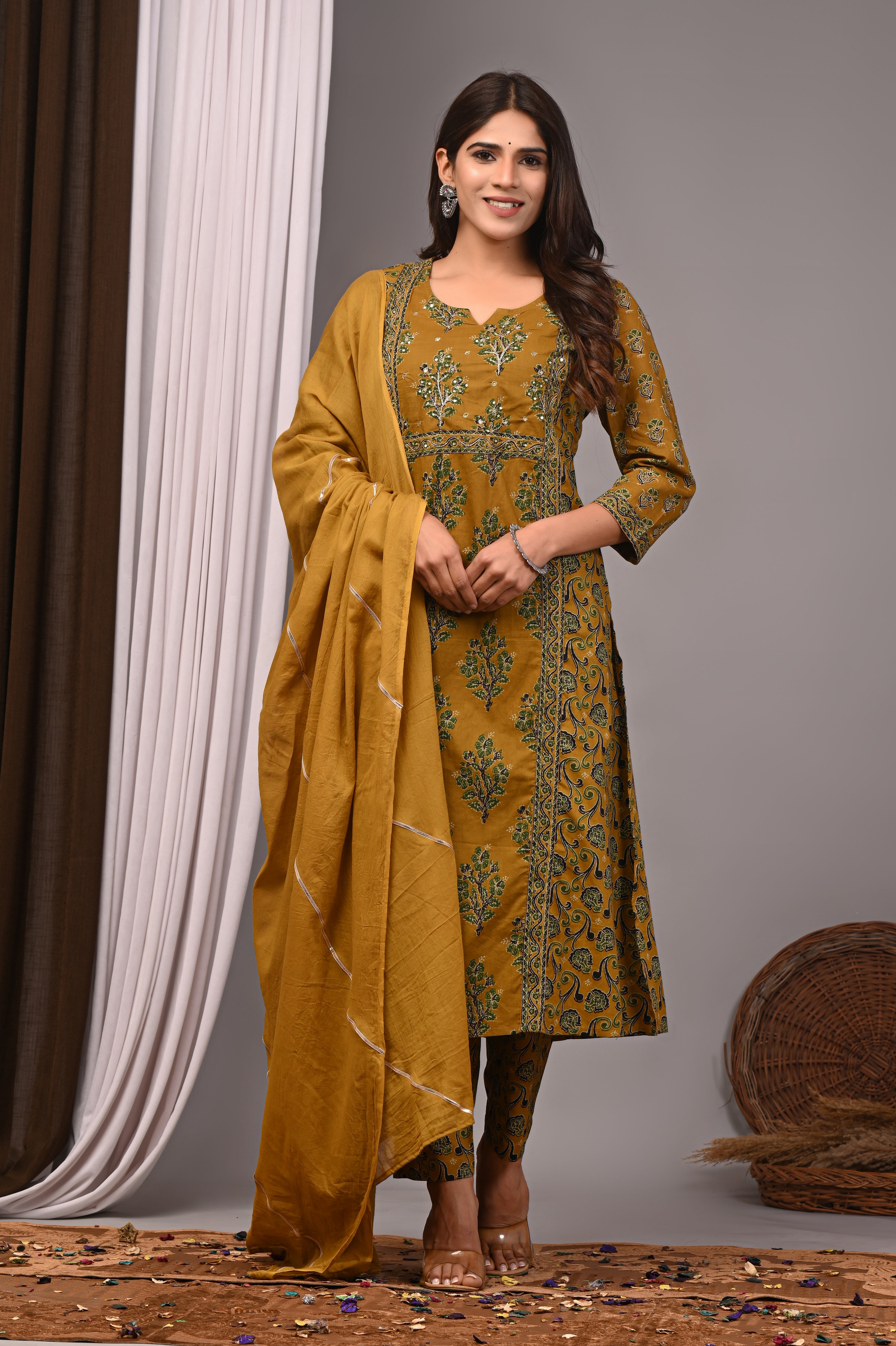 Spiced Turmeric Sanganeri Cotton Straight Kurta Pant Set