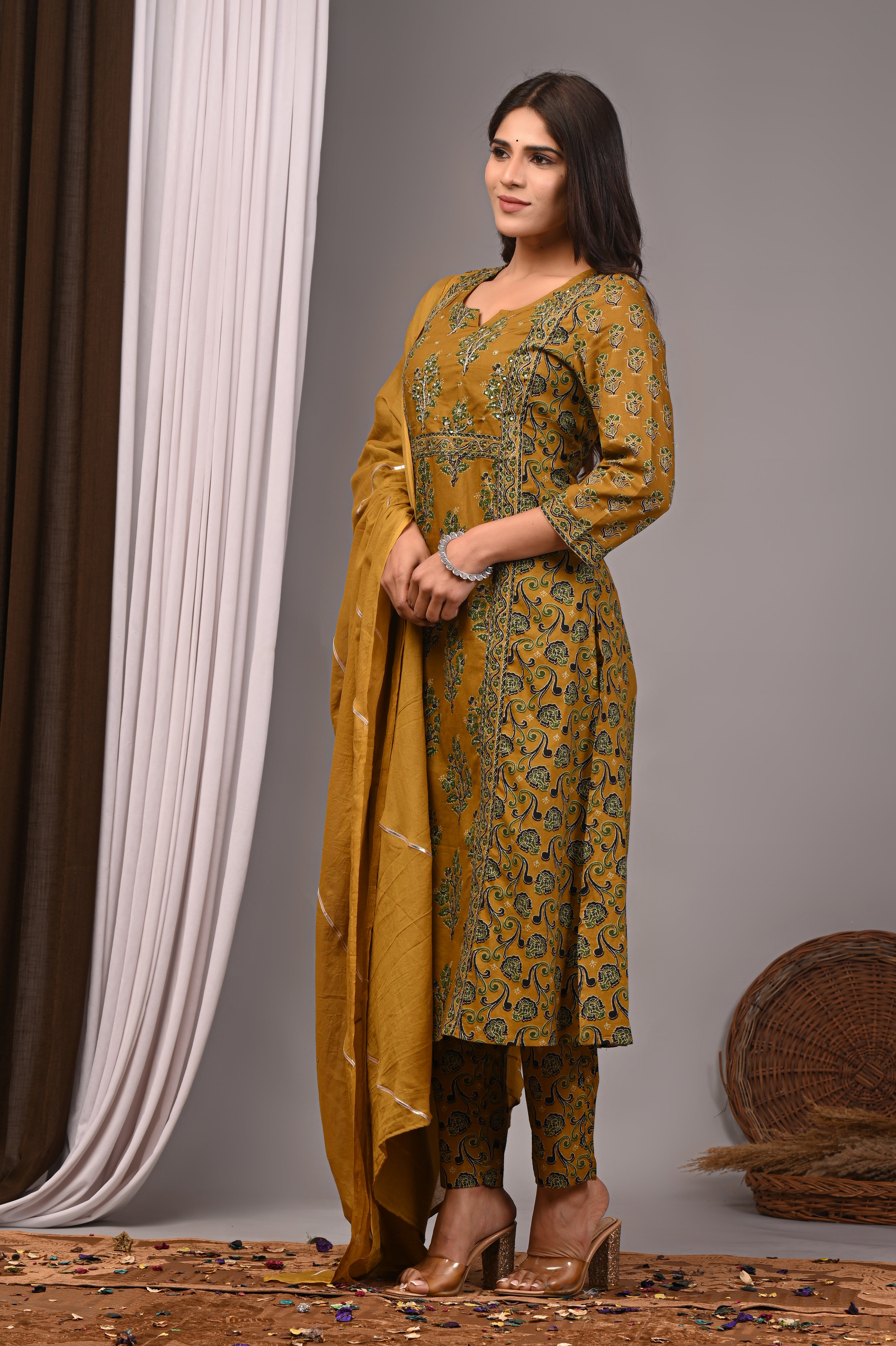 Spiced Turmeric Sanganeri Cotton Straight Kurta Pant Set