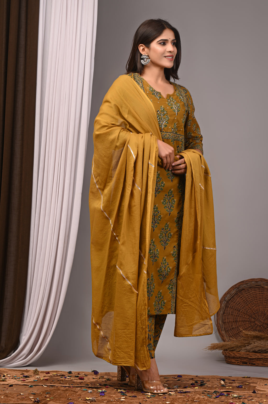 Spiced Turmeric Sanganeri Cotton Straight Kurta Pant Set