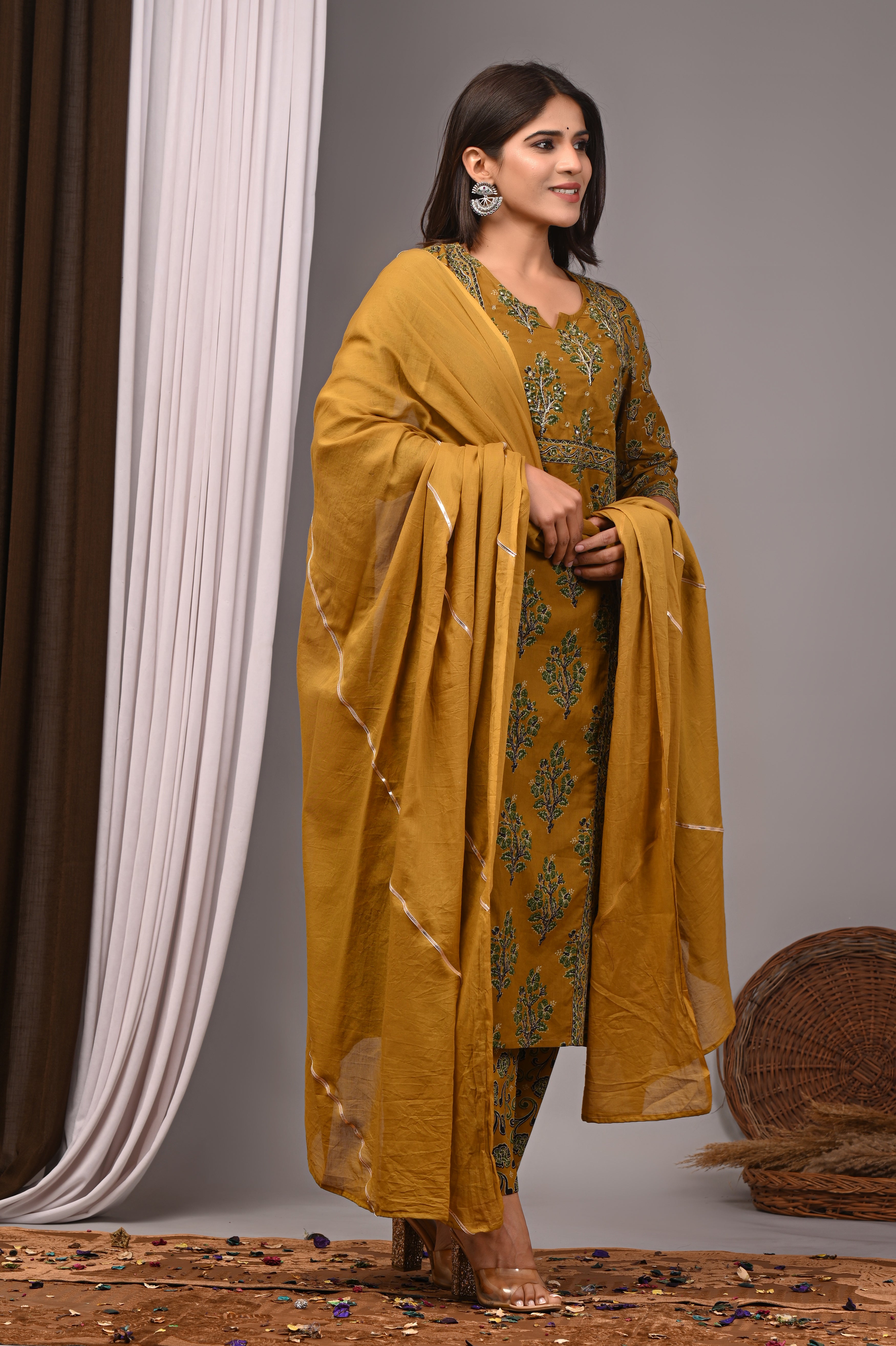 Spiced Turmeric Sanganeri Cotton Straight Kurta Pant Set