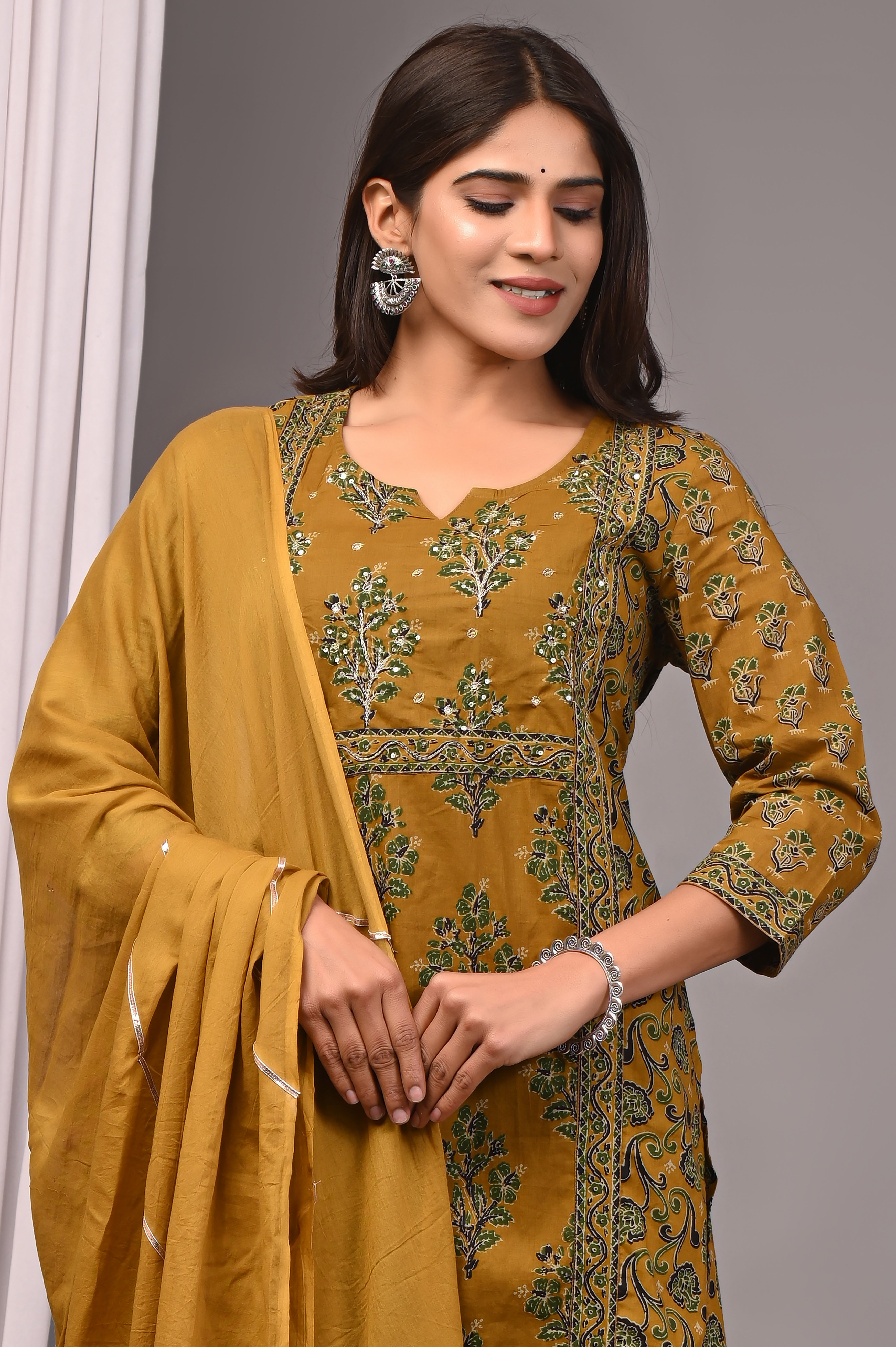 Spiced Turmeric Sanganeri Cotton Straight Kurta Pant Set