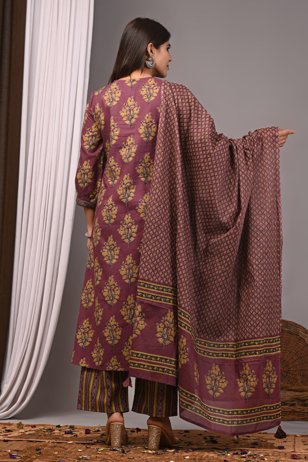 Mulberry Mist Sanganeri Pleated Kurta Palazzo Set