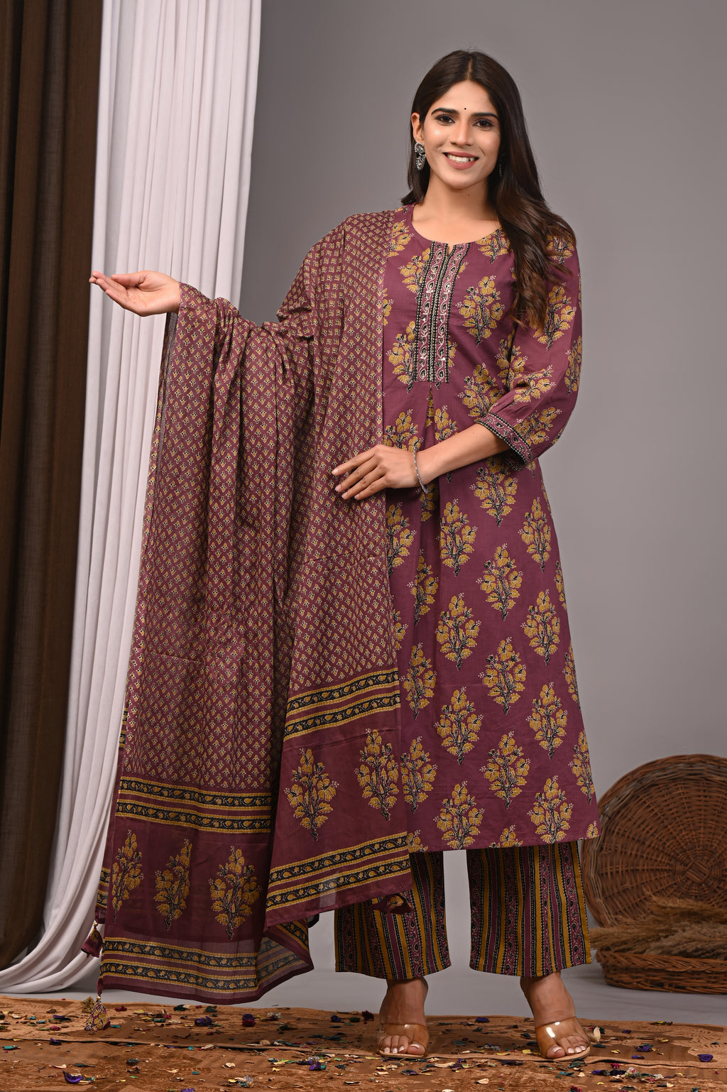 Mulberry Mist Sanganeri Pleated Kurta Palazzo Set