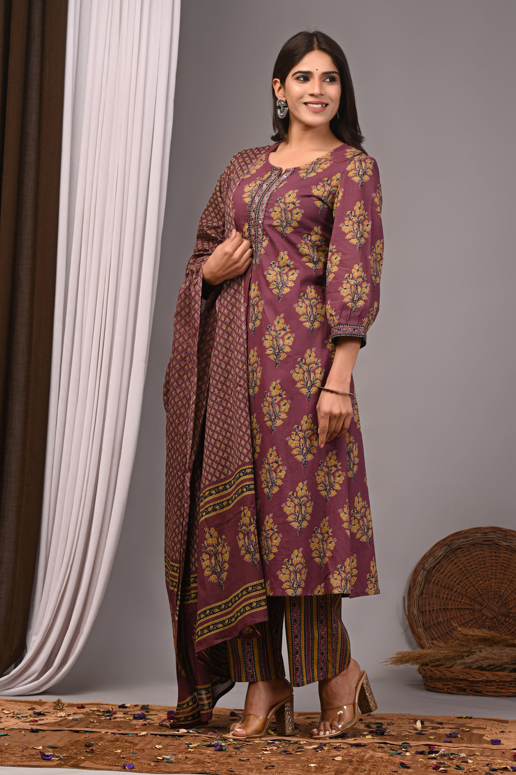 Mulberry Mist Sanganeri Pleated Kurta Palazzo Set