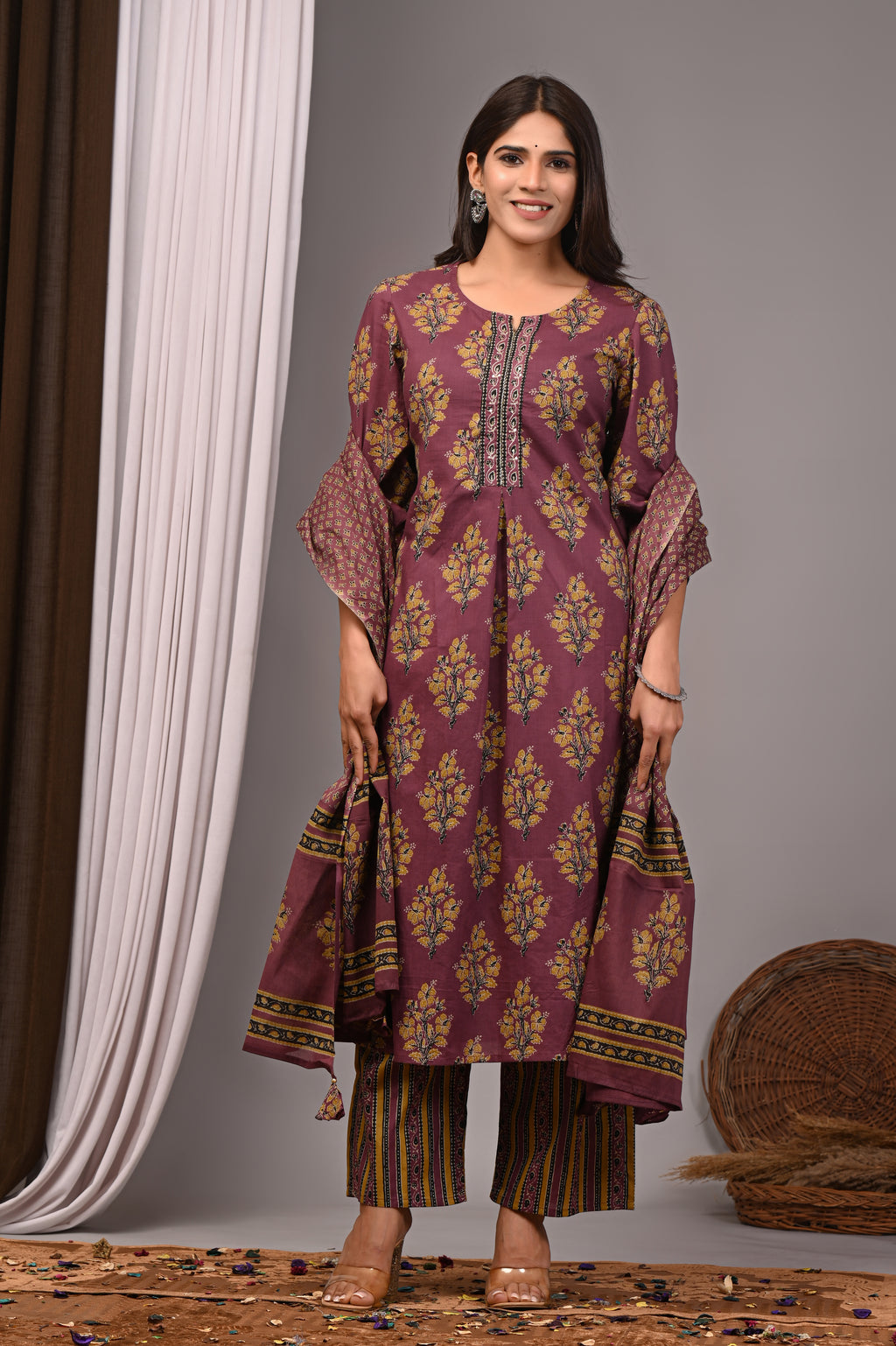 Mulberry Mist Sanganeri Pleated Kurta Palazzo Set