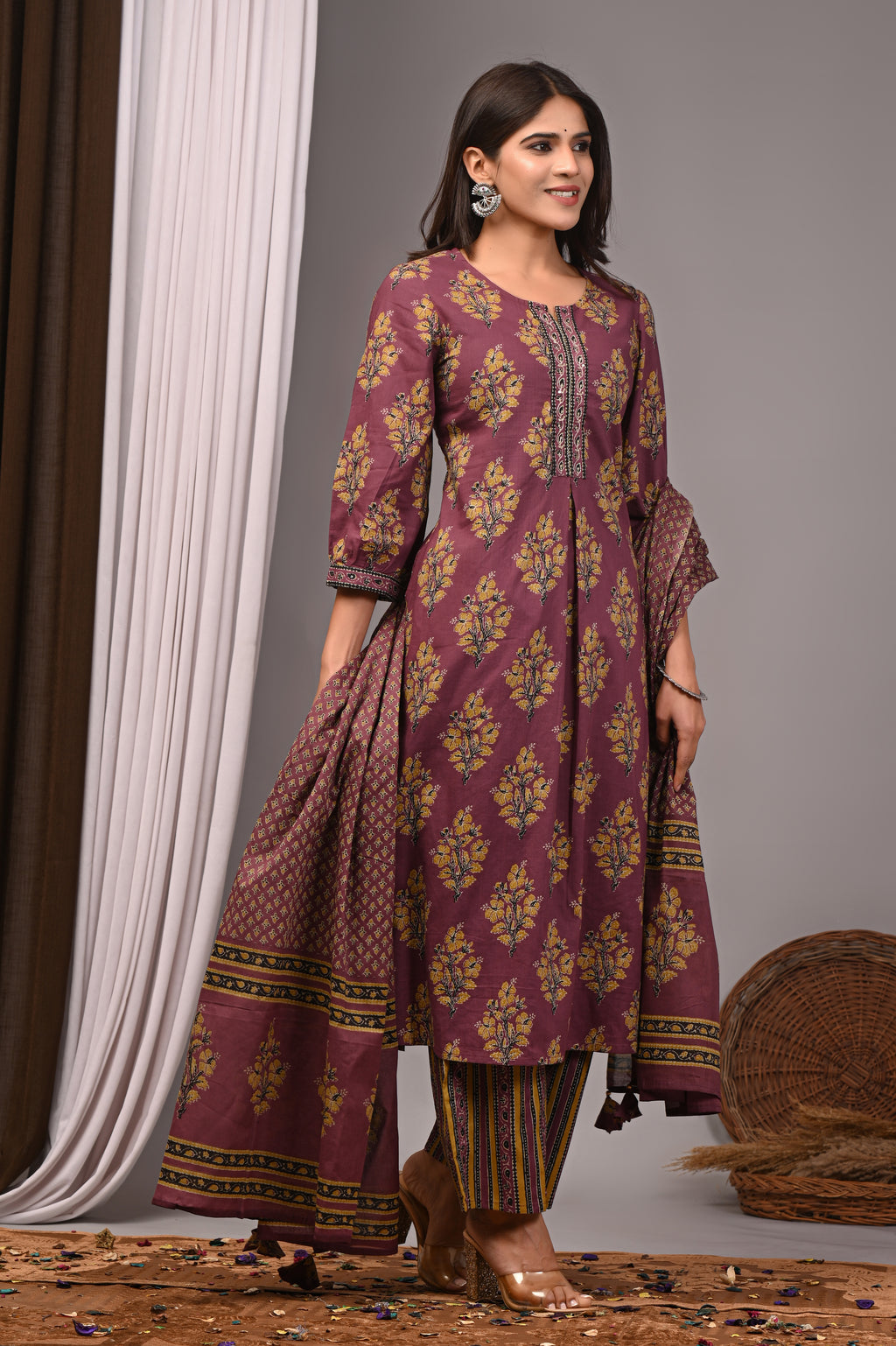 Mulberry Mist Sanganeri Pleated Kurta Palazzo Set