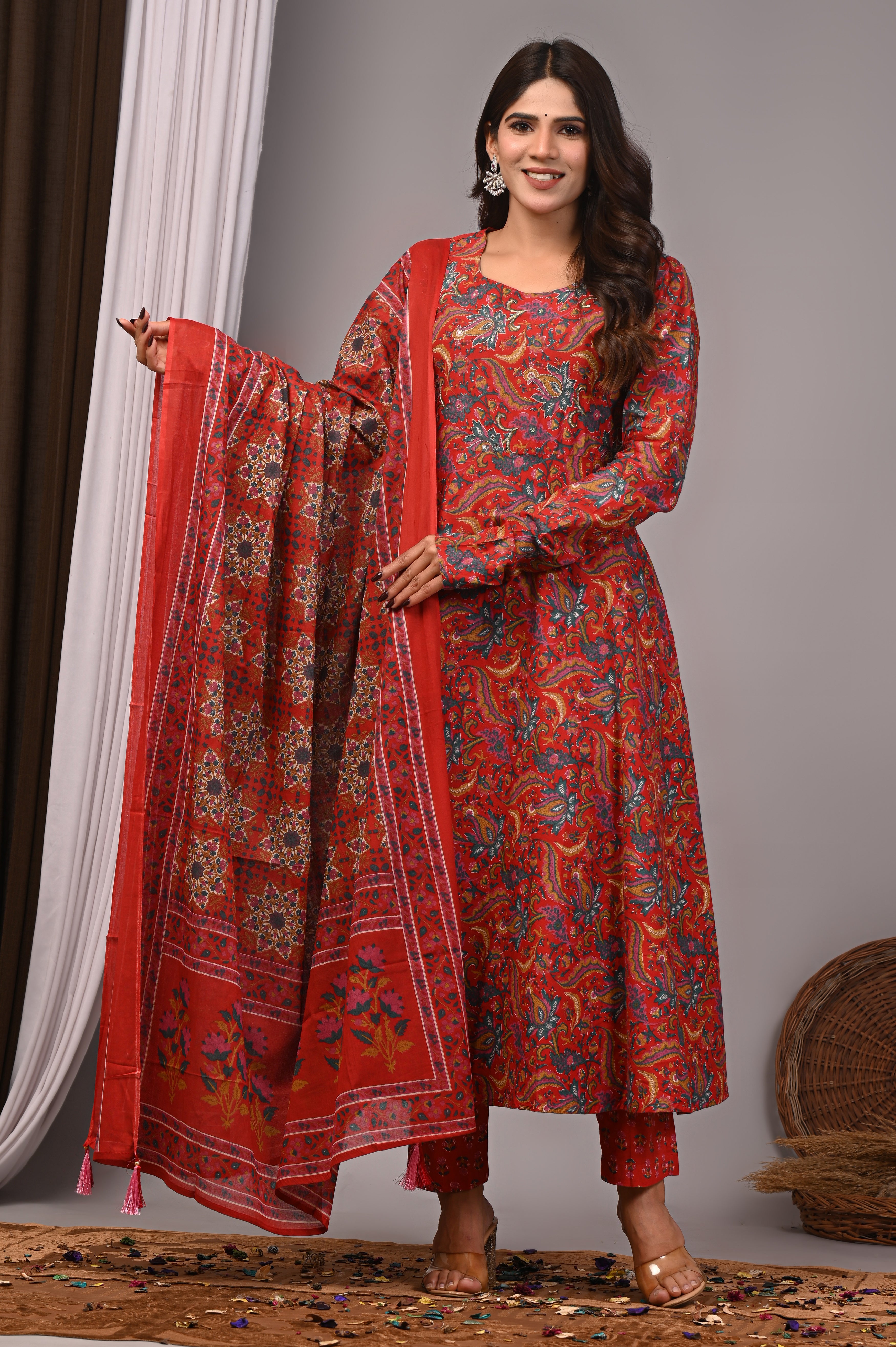 Crimson Bloom Sanganeri Cotton A-Line Sundress Set