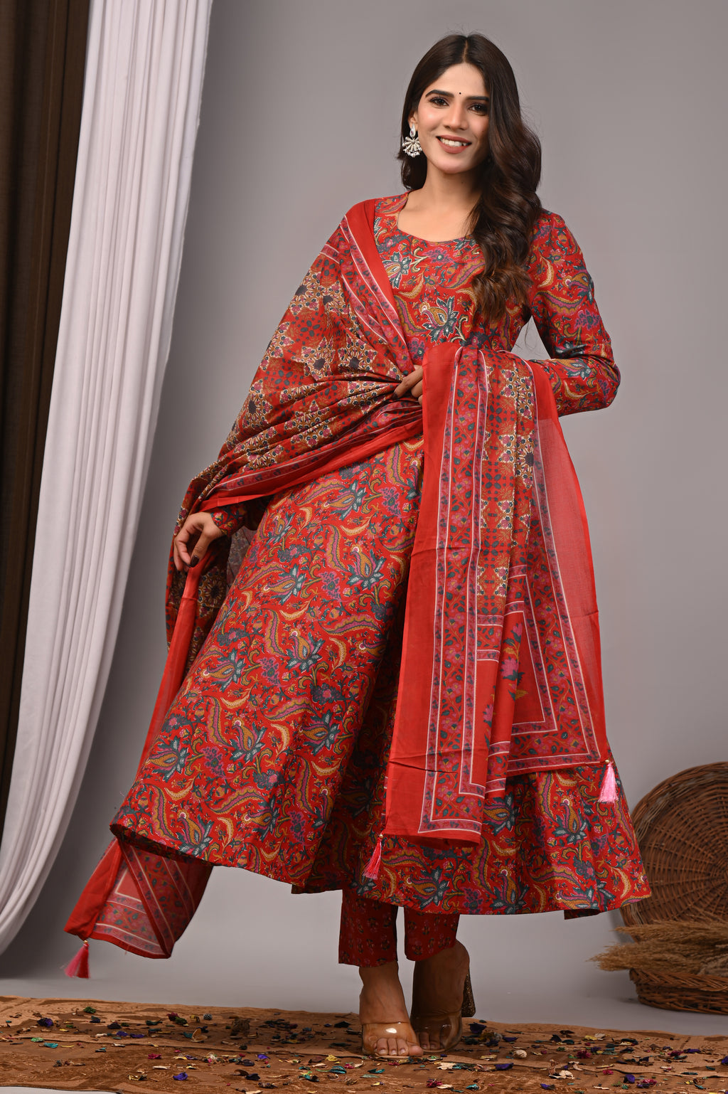 Crimson Bloom Sanganeri Cotton A-Line Sundress Set