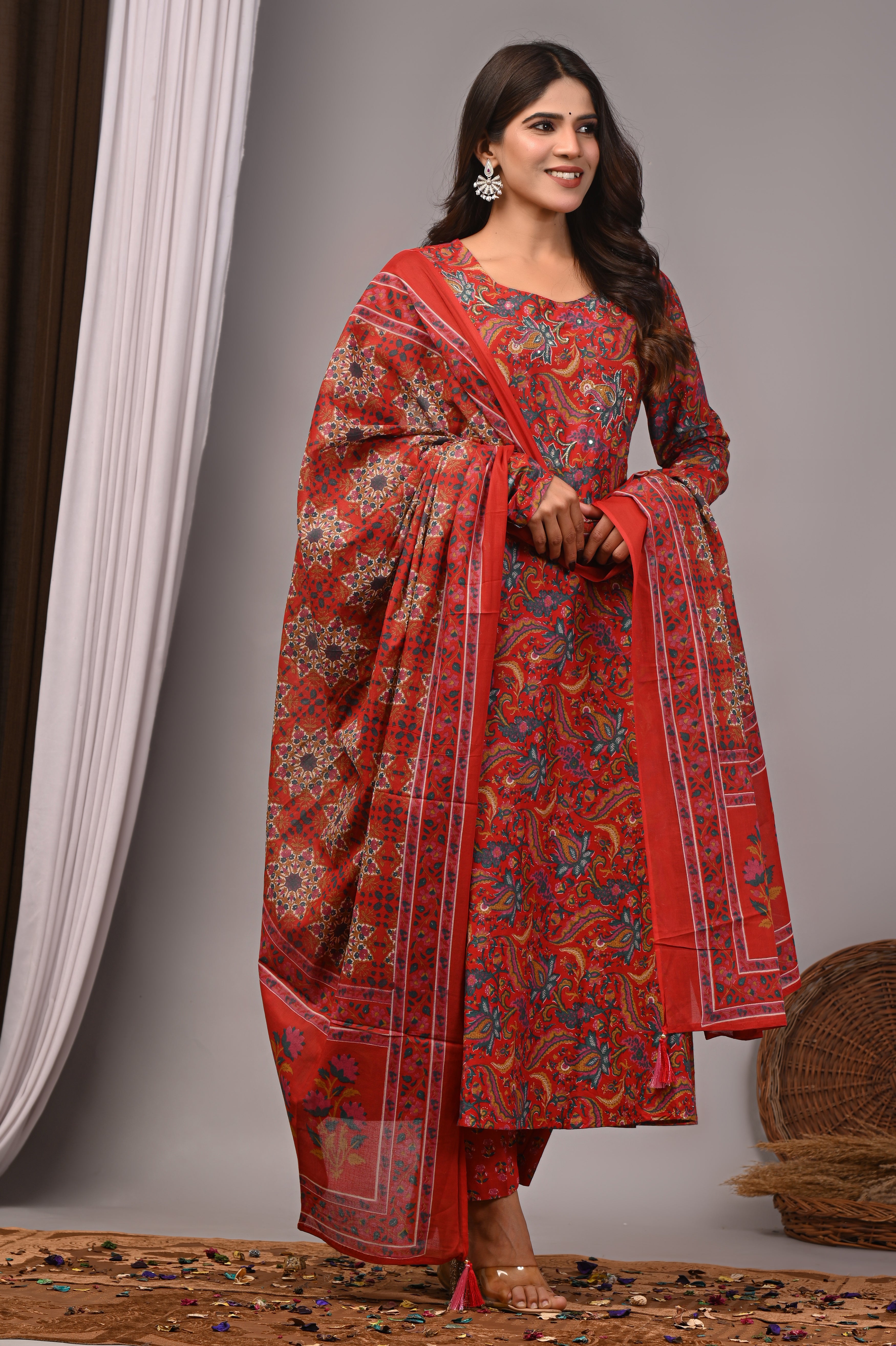 Crimson Bloom Sanganeri Cotton A-Line Sundress Set