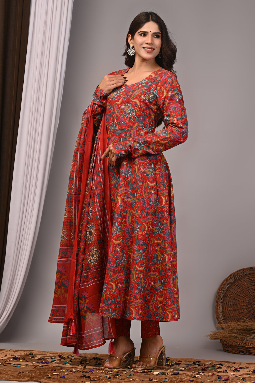 Crimson Bloom Sanganeri Cotton A-Line Sundress Set