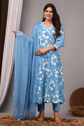 Oceanic Blue Sanganeri Angarkha Sundress Set with Chiffon Dupatta